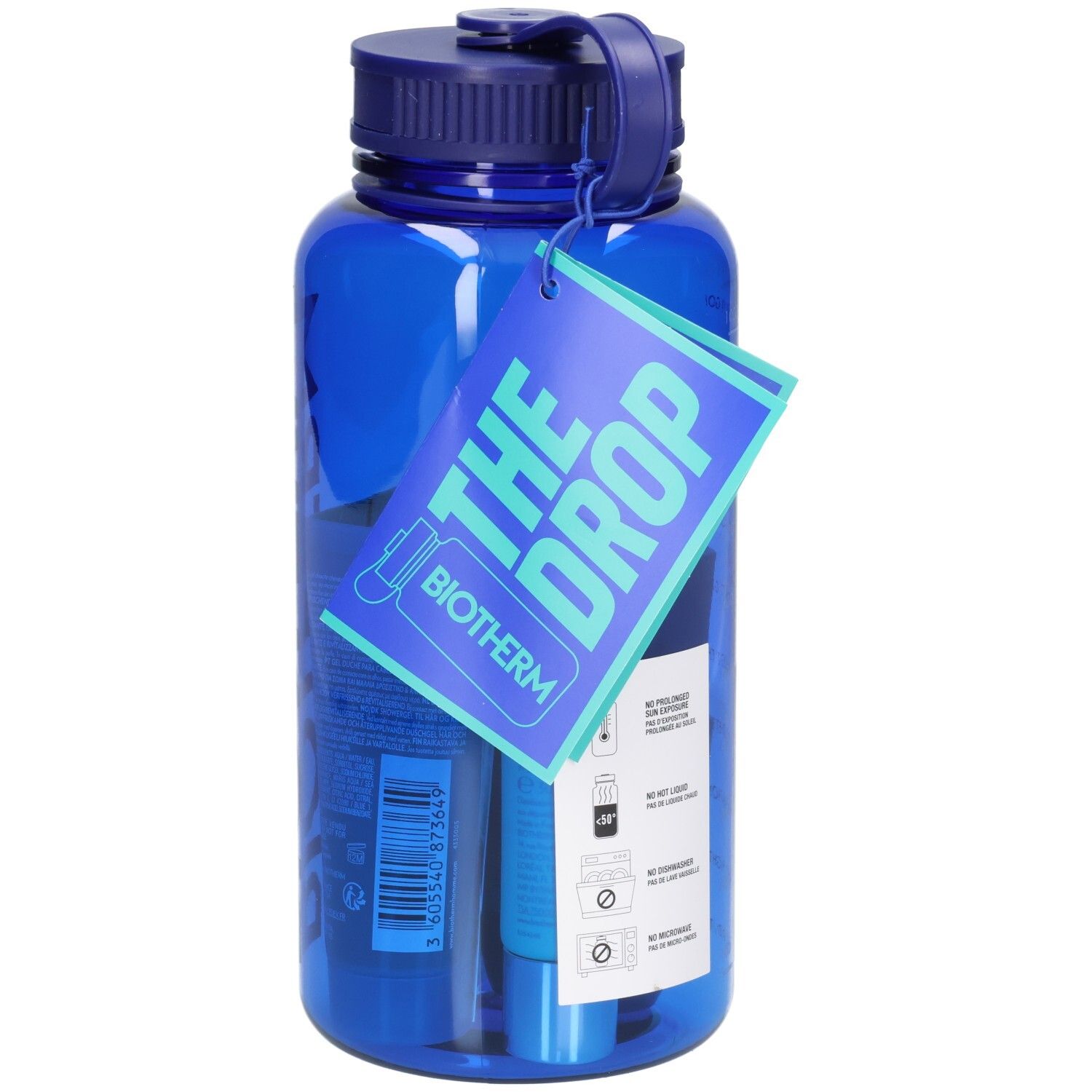 Gourde bleue avec produits. Étiquette avec texte: THE DROP et BIOTHERM. Contient produits bleus.