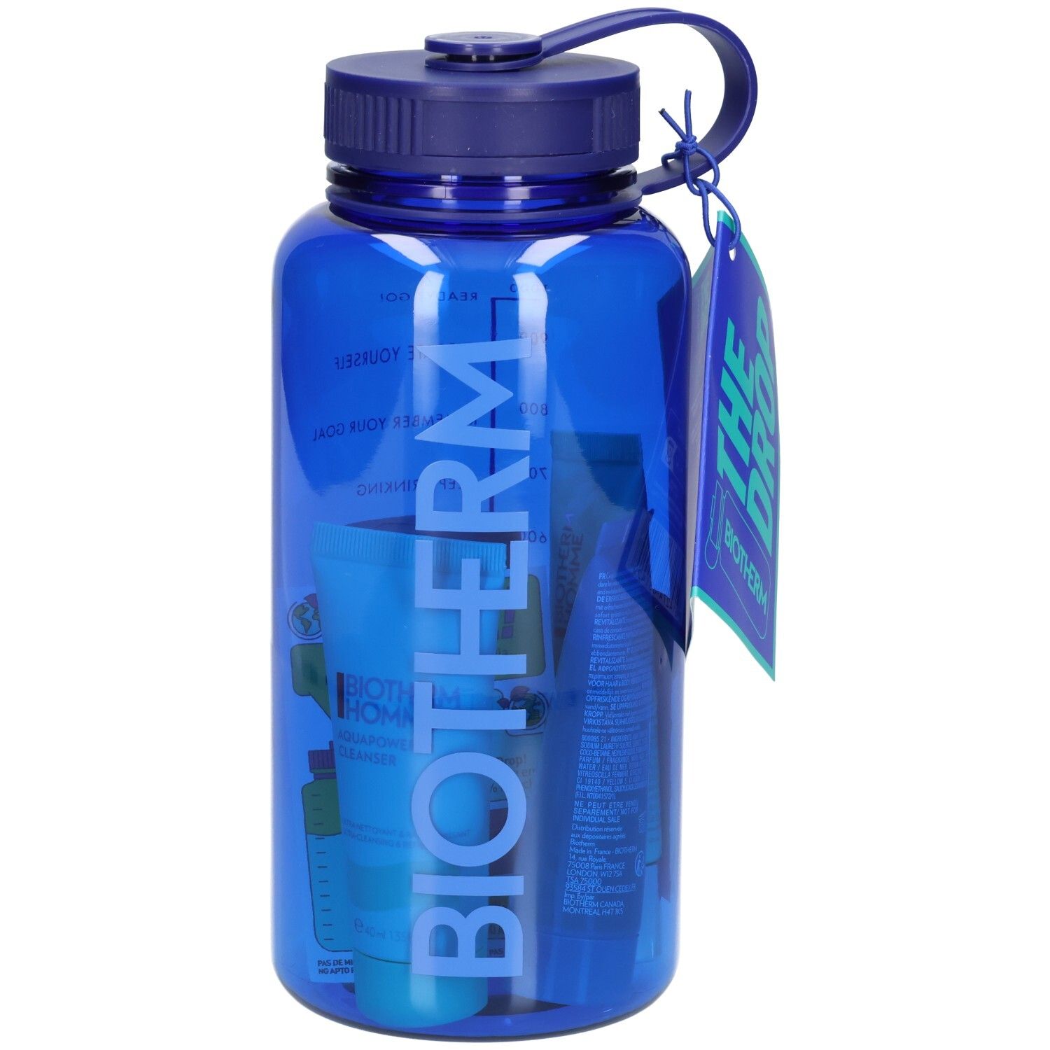 Gourde bleue avec produits. Étiquette avec texte: THE DROP et BIOTHERM. Contient produits bleus.