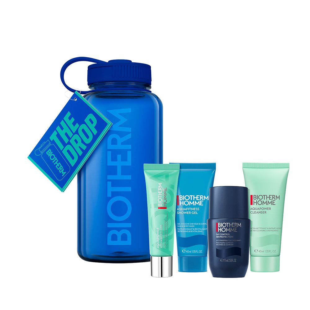 Ensemble Biotherm avec gourde bleue et quatre produits de soin.