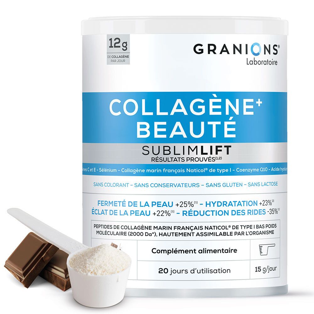 Pot Granions Sublimlift Collagène Chocolat. Contient 12g de collagène par jour. Poudre à diluer.