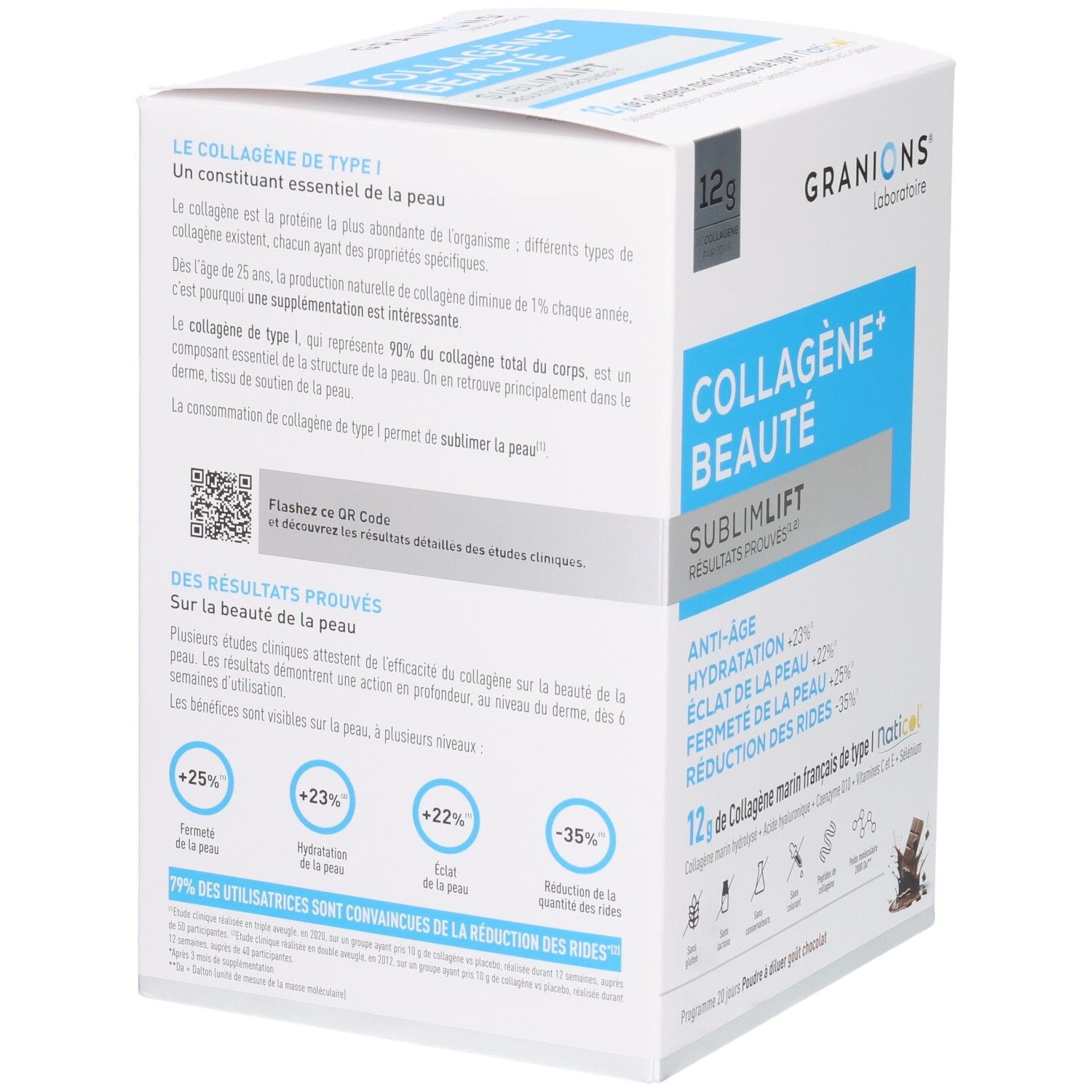 Arrière de la boîte Granions Collagène+ Beauté Sublimlift avec détails sur les résultats cliniques et la satisfaction des utilisateurs.