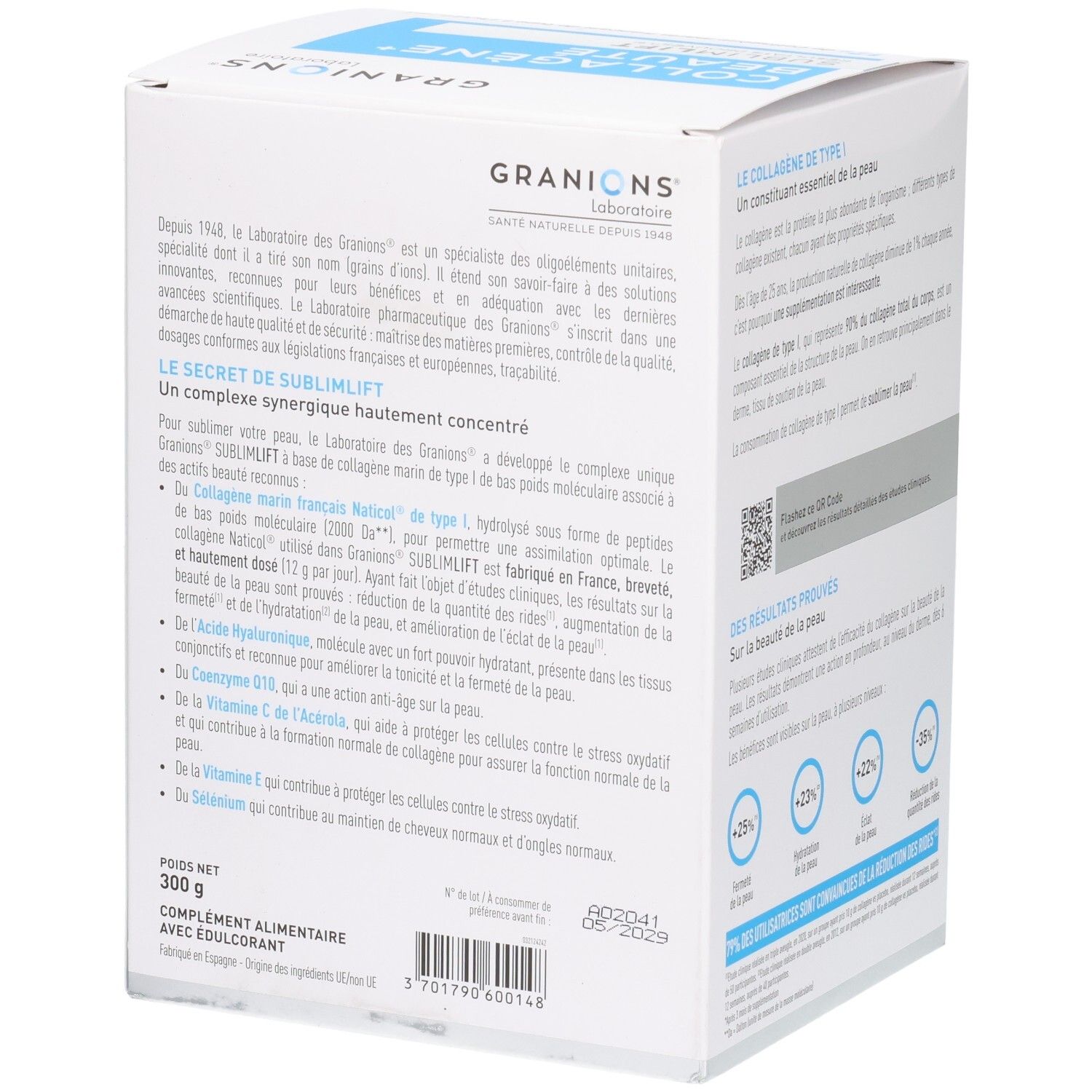 Vue latérale de la boîte Granions Collagène+ Beauté Sublimlift avec informations produit et composition.