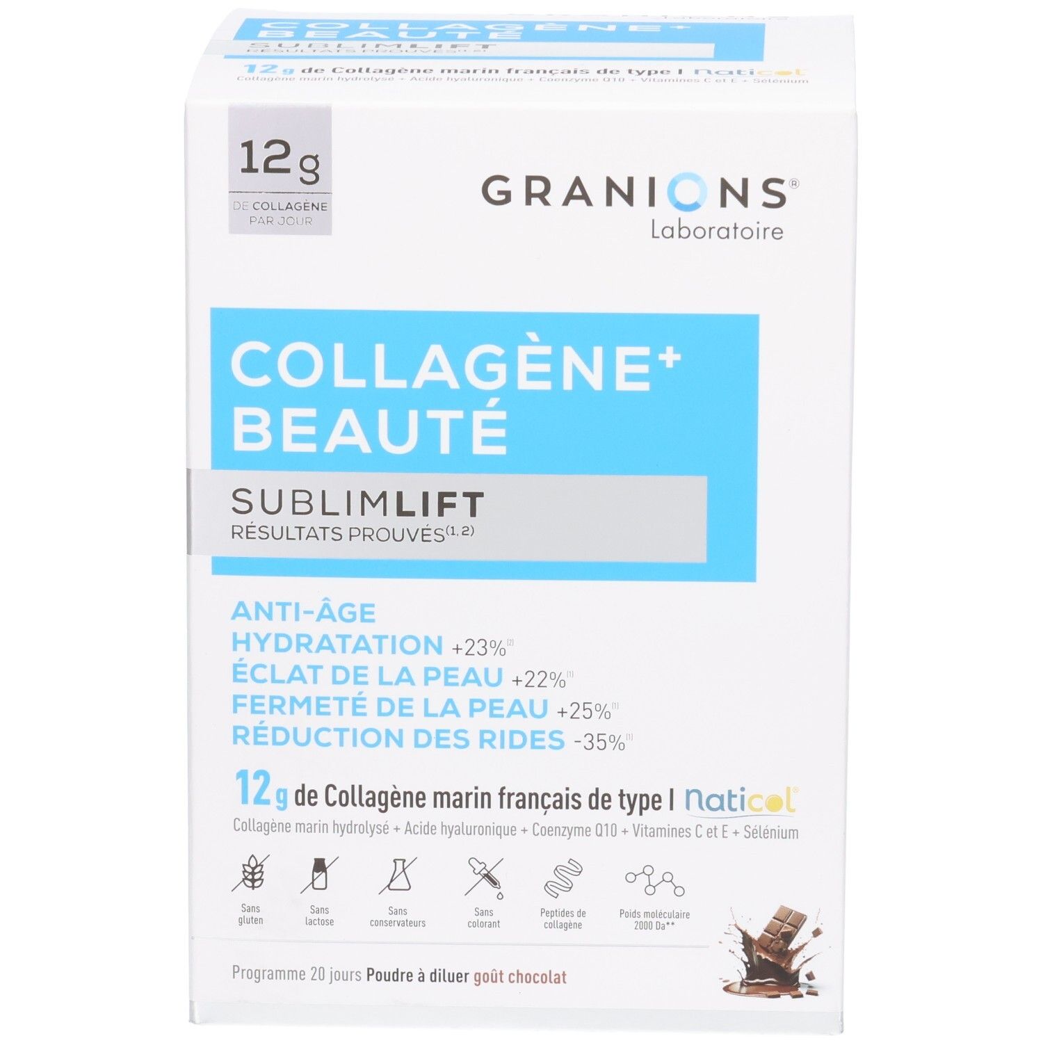 Face avant de la boîte Granions Collagène+ Beauté Sublimlift mettant en avant 12g de collagène et les bénéfices anti-âge.