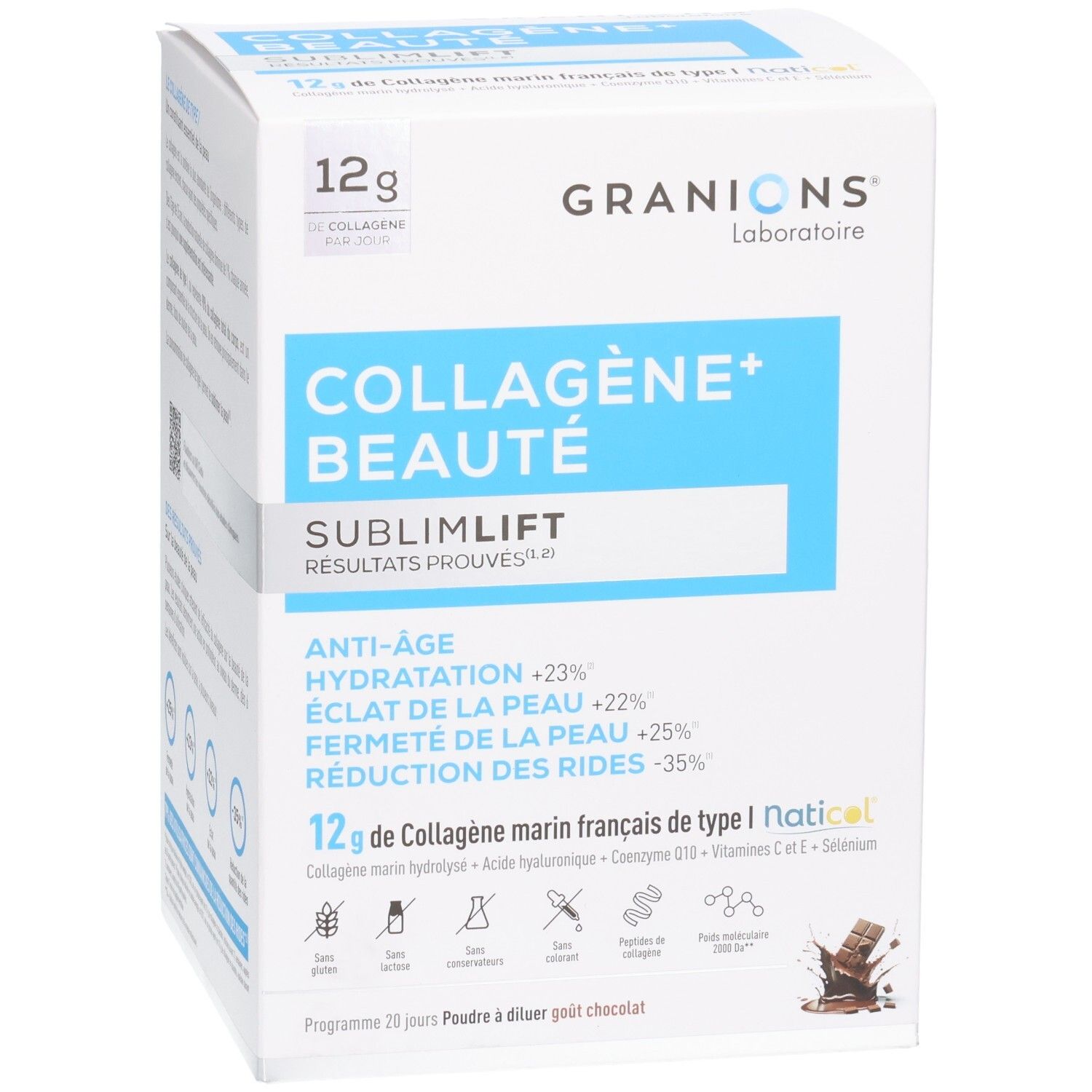 Face avant de la boîte Granions Collagène+ Beauté Sublimlift avec 12g de collagène, bénéfices et symbole goût chocolat.
