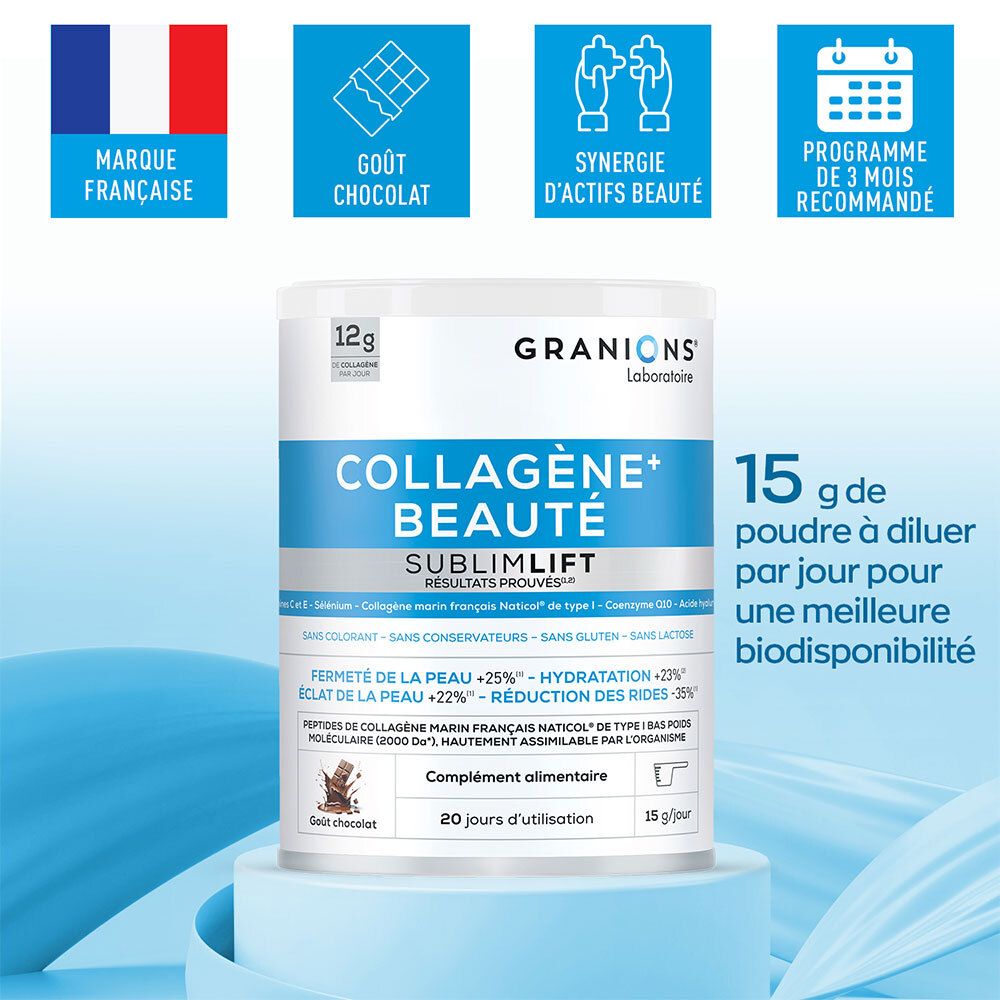 Pot Granions Sublimlift avec 15g de poudre par jour. Marque française, goût chocolat.