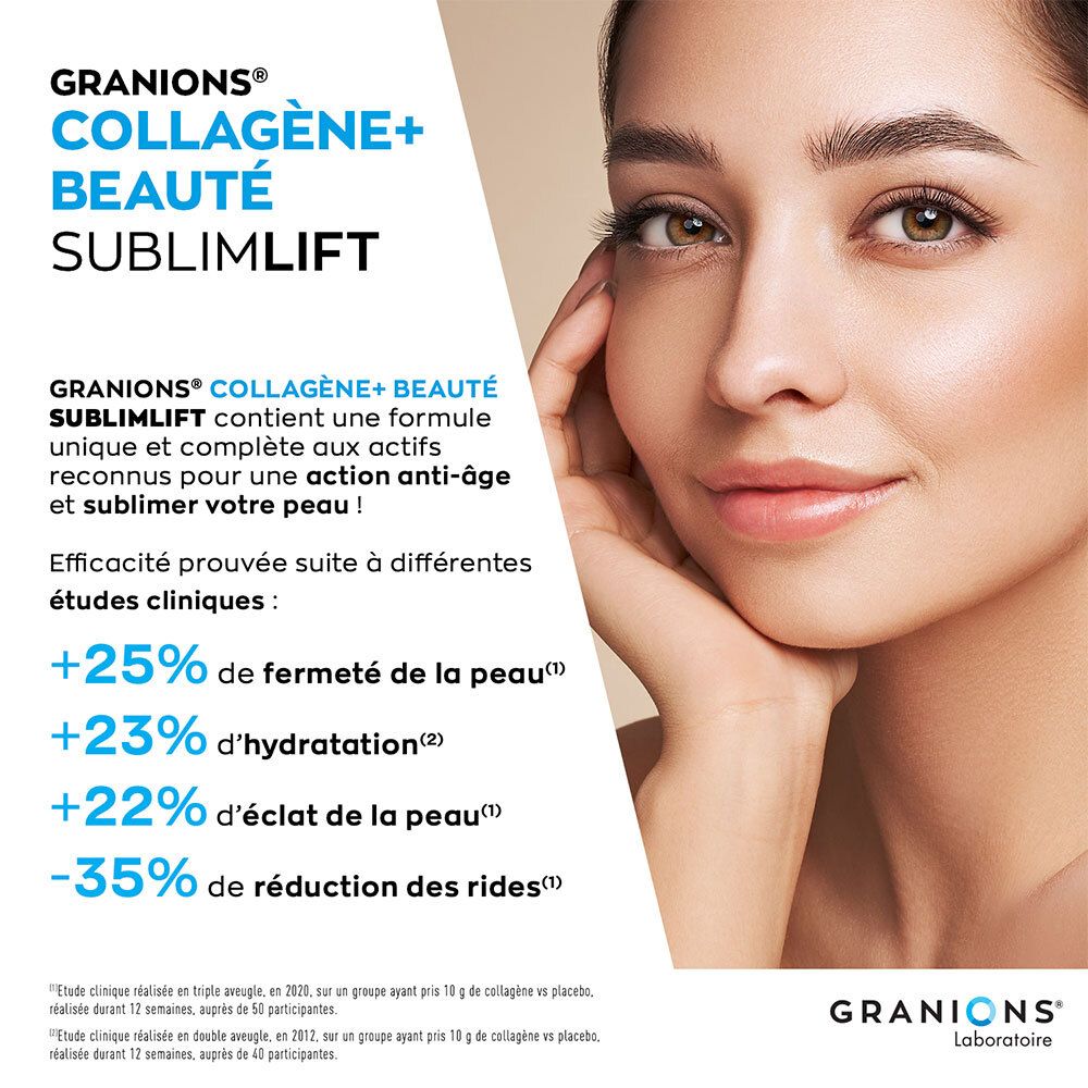 Granions Sublimlift Collagène : +25% fermeté peau, +23% hydratation, +22% éclat peau, -35% rides.