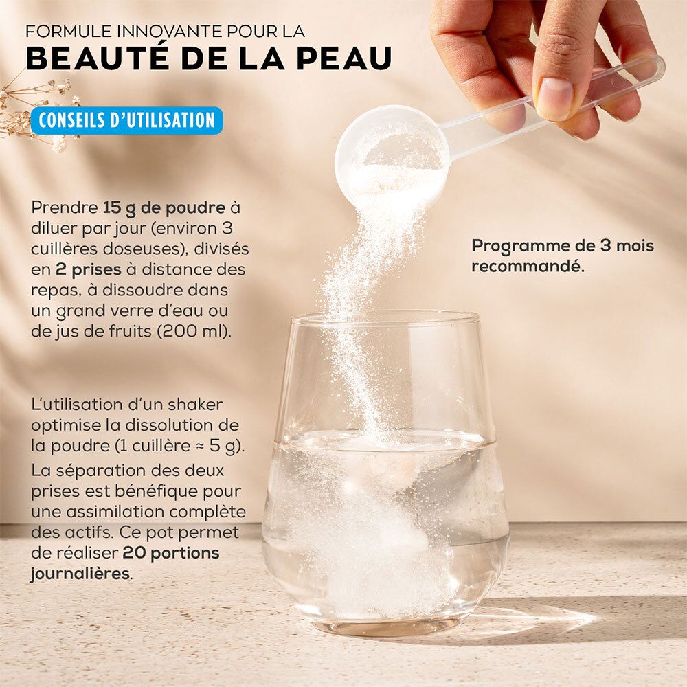 Dissoudre 15g de poudre Granions Sublimlift dans l'eau. 3 cuillères doseuses par jour pendant 20 jours.