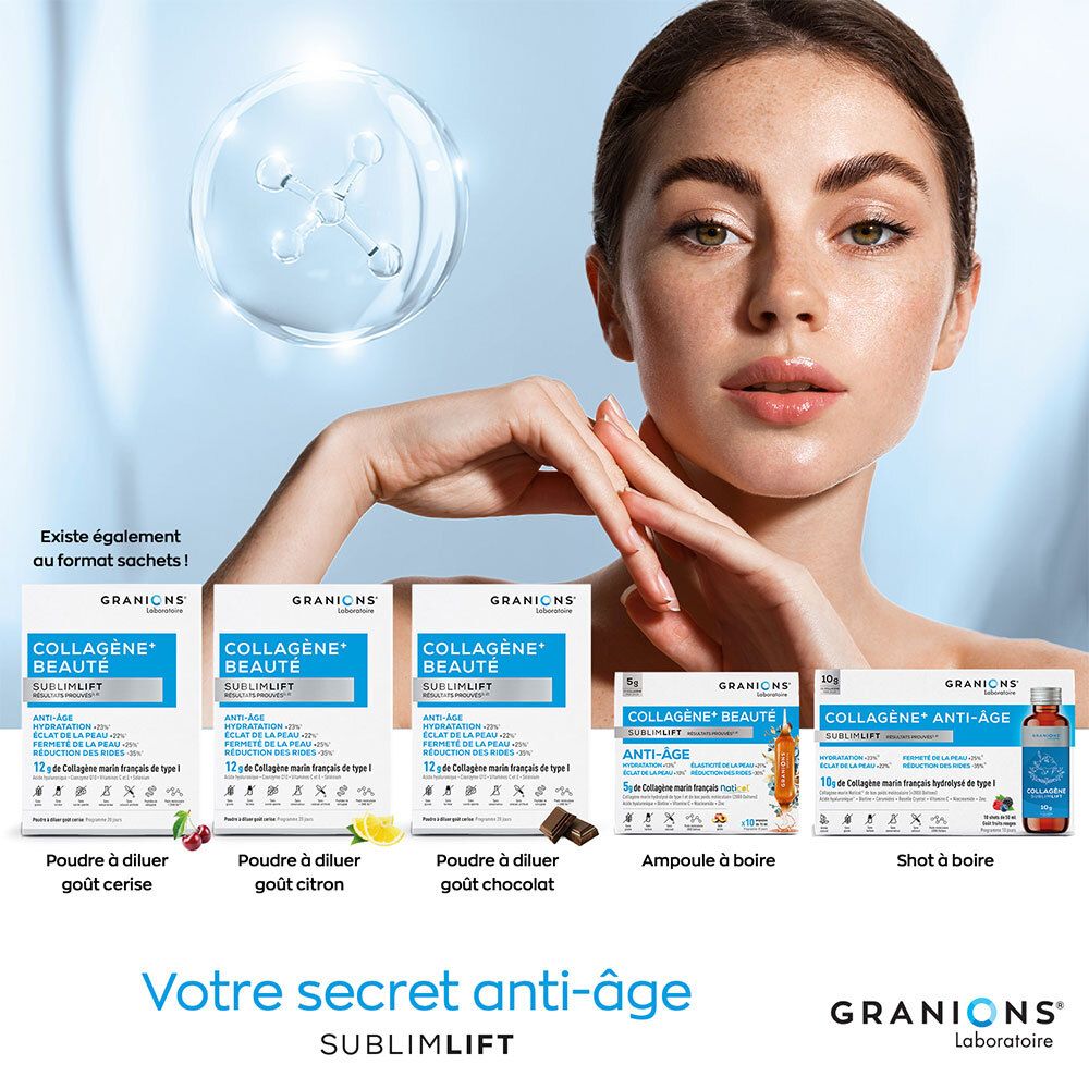 Granions Sublimlift : Poudre (cerise, citron, chocolat), ampoule buvable, shot buvable.