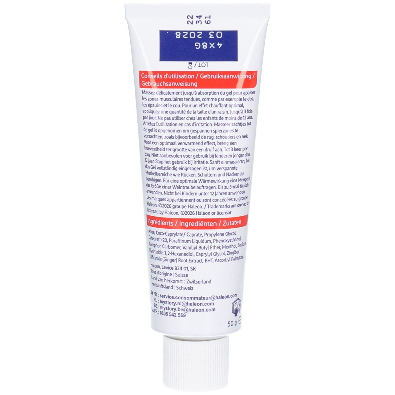 Arrière d'un tube Volta Heat Gel avec instructions et ingrédients.