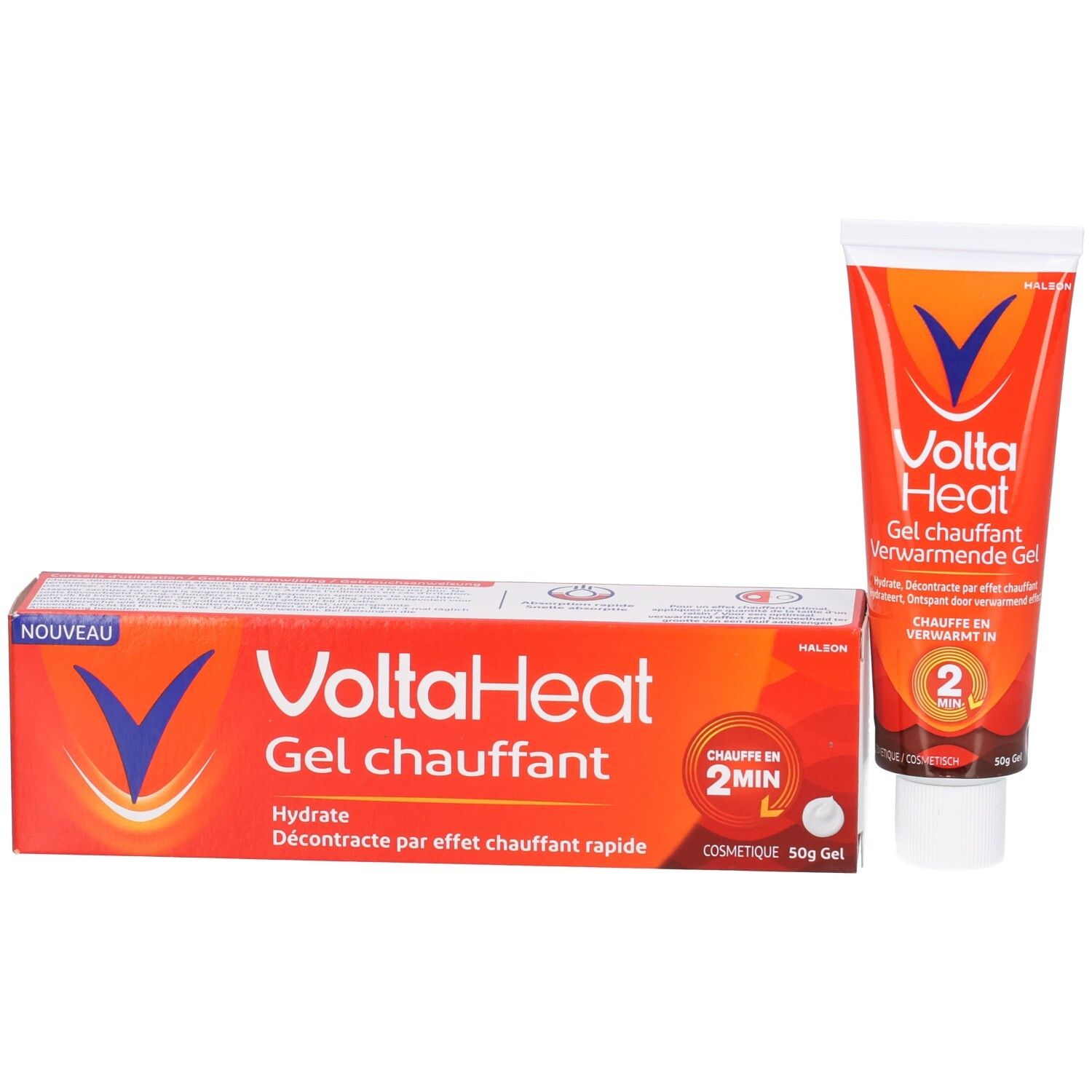 Tube et boîte Volta Heat Gel, tous deux rouges avec logo bleu.