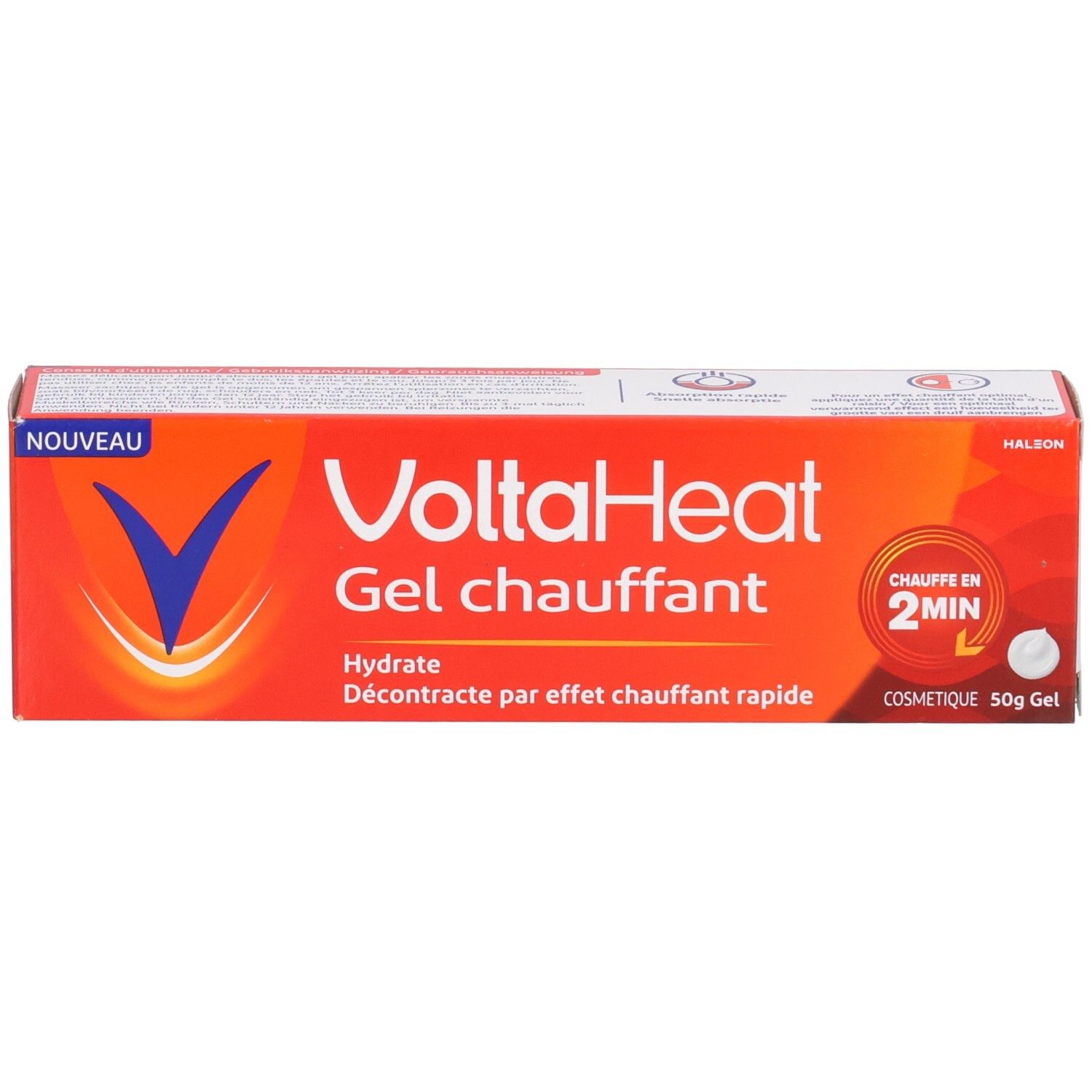 Avant de la boîte Volta Heat Gel, rouge avec logo bleu.