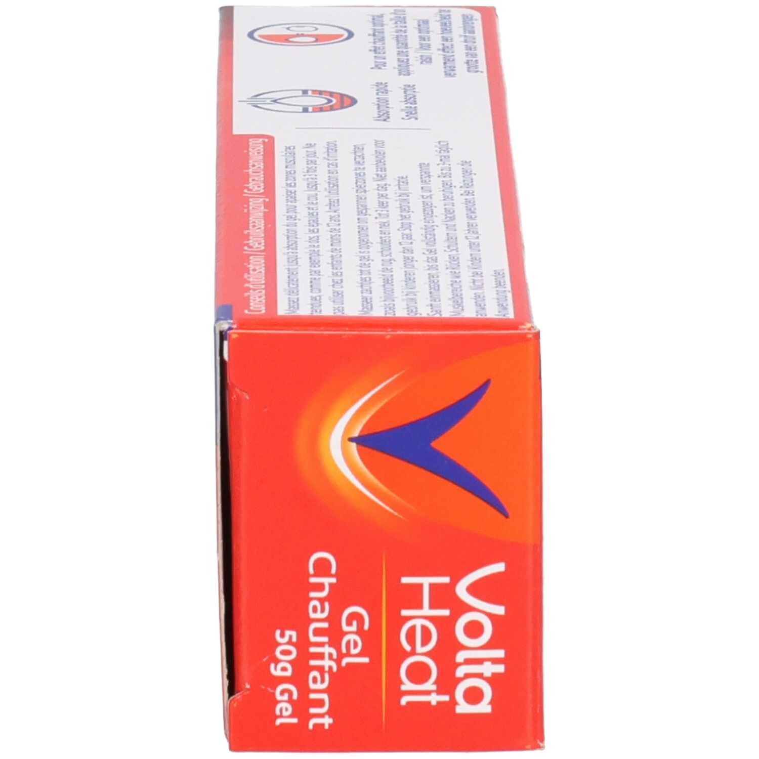 Vue latérale de la boîte Volta Heat Gel, rouge avec texte.