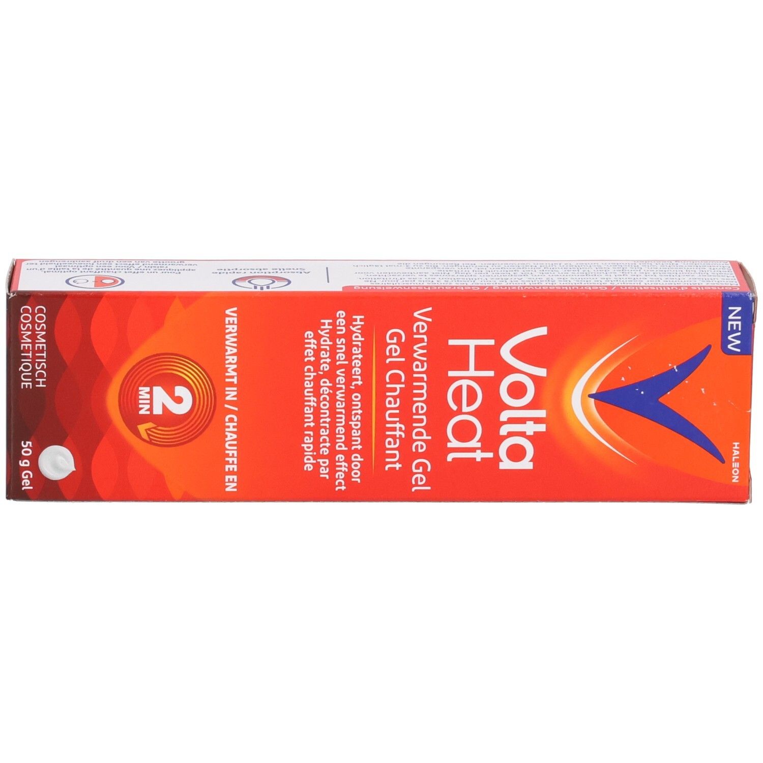 Avant de la boîte Volta Heat Gel, rouge avec logo bleu et texte.