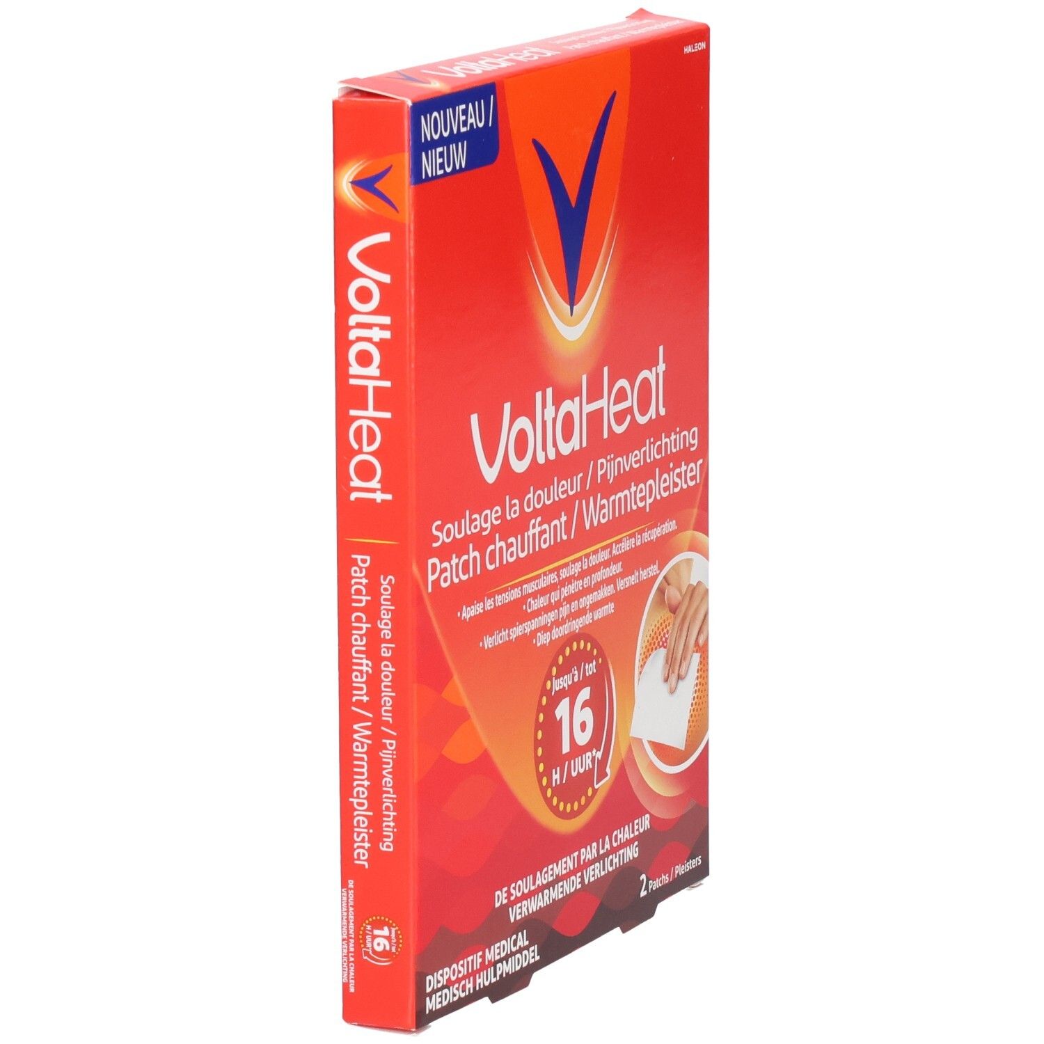 Vue latérale de la boîte de patchs chauffants VoltaHeat, 2 patchs. Affiche les informations produit.