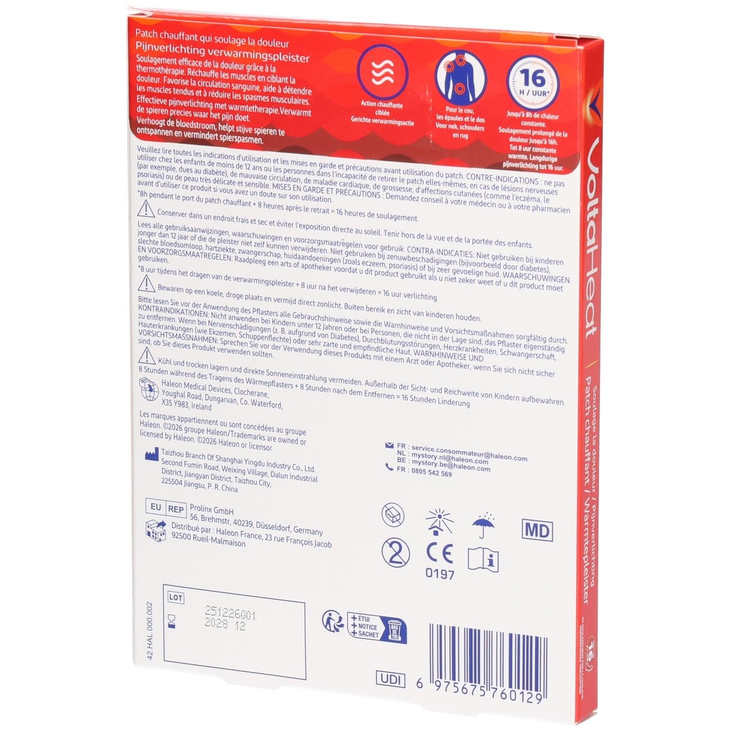 Arrière de la boîte de patchs chauffants VoltaHeat. Contient des instructions et des informations produit.