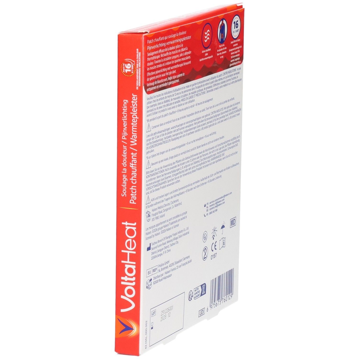 Vue latérale de la boîte de patchs chauffants VoltaHeat. Indique le nom du produit et la quantité.