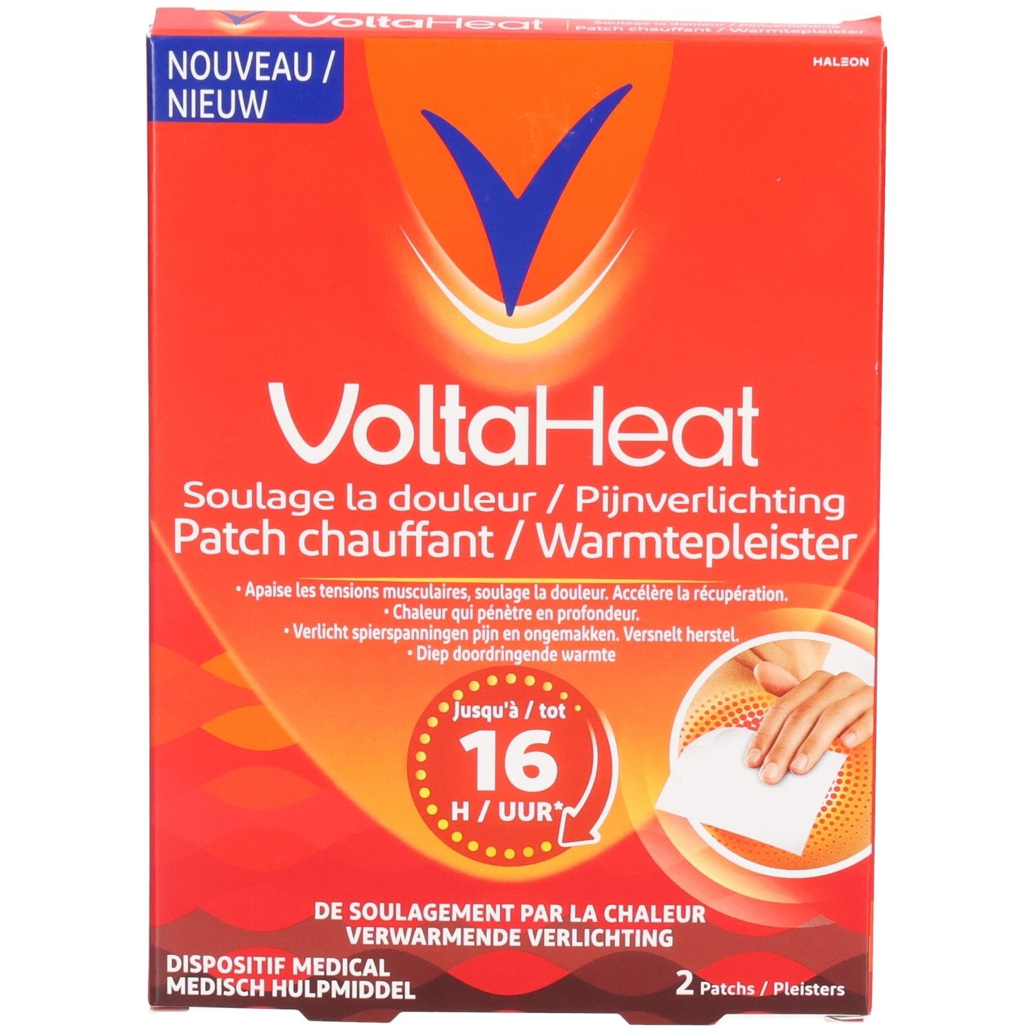 Boîte de patchs chauffants VoltaHeat, 2 patchs. Montre le logo et le nom du produit.
