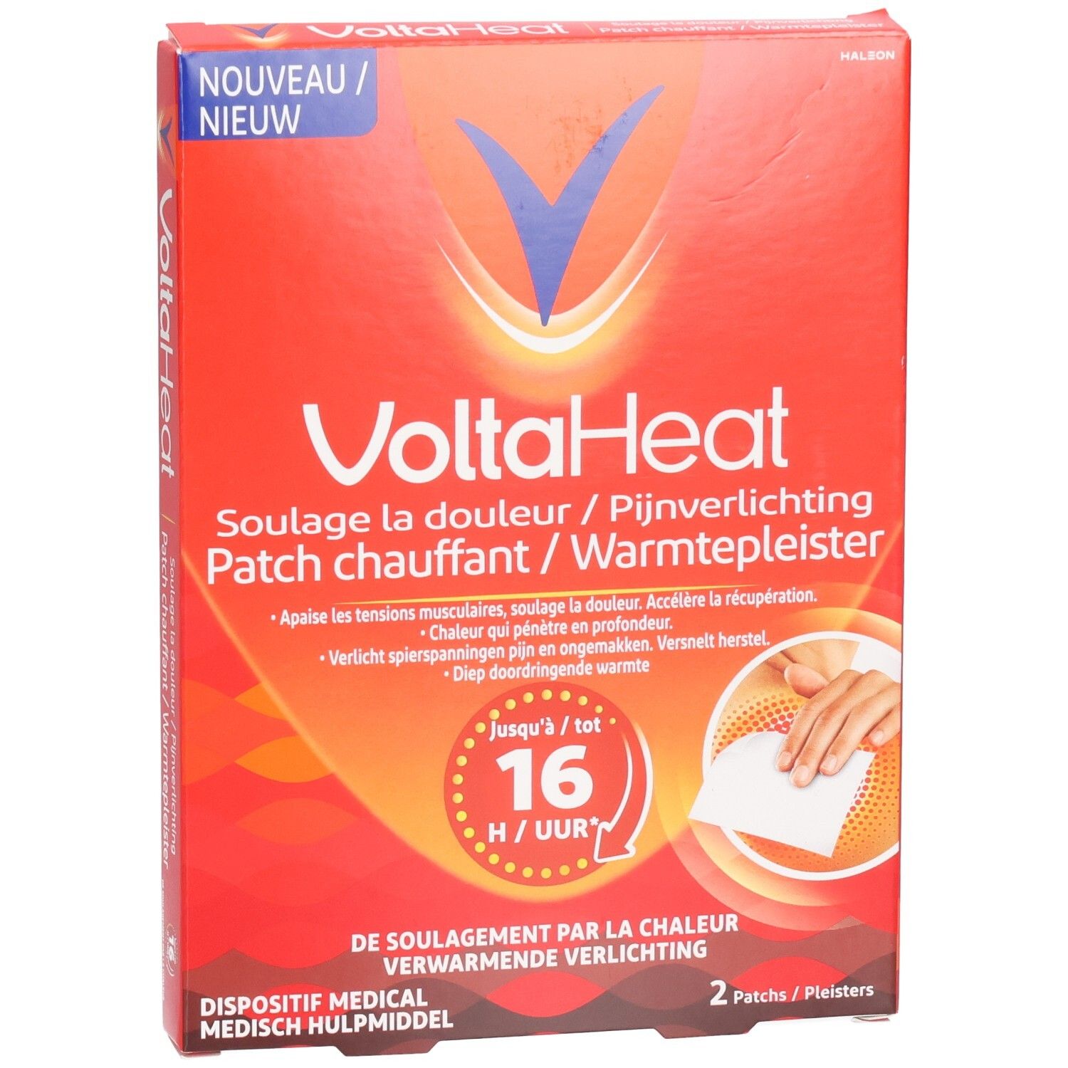 Avant de la boîte de patchs chauffants VoltaHeat. Contient des informations produit et des instructions.