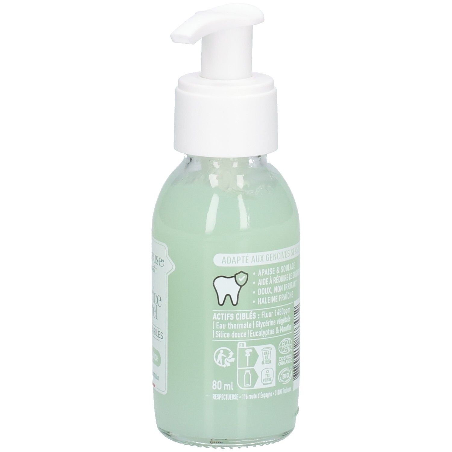Flacon en verre avec pompe blanche, liquide vert. Étiquette avec texte et icône dent. 80 ml.