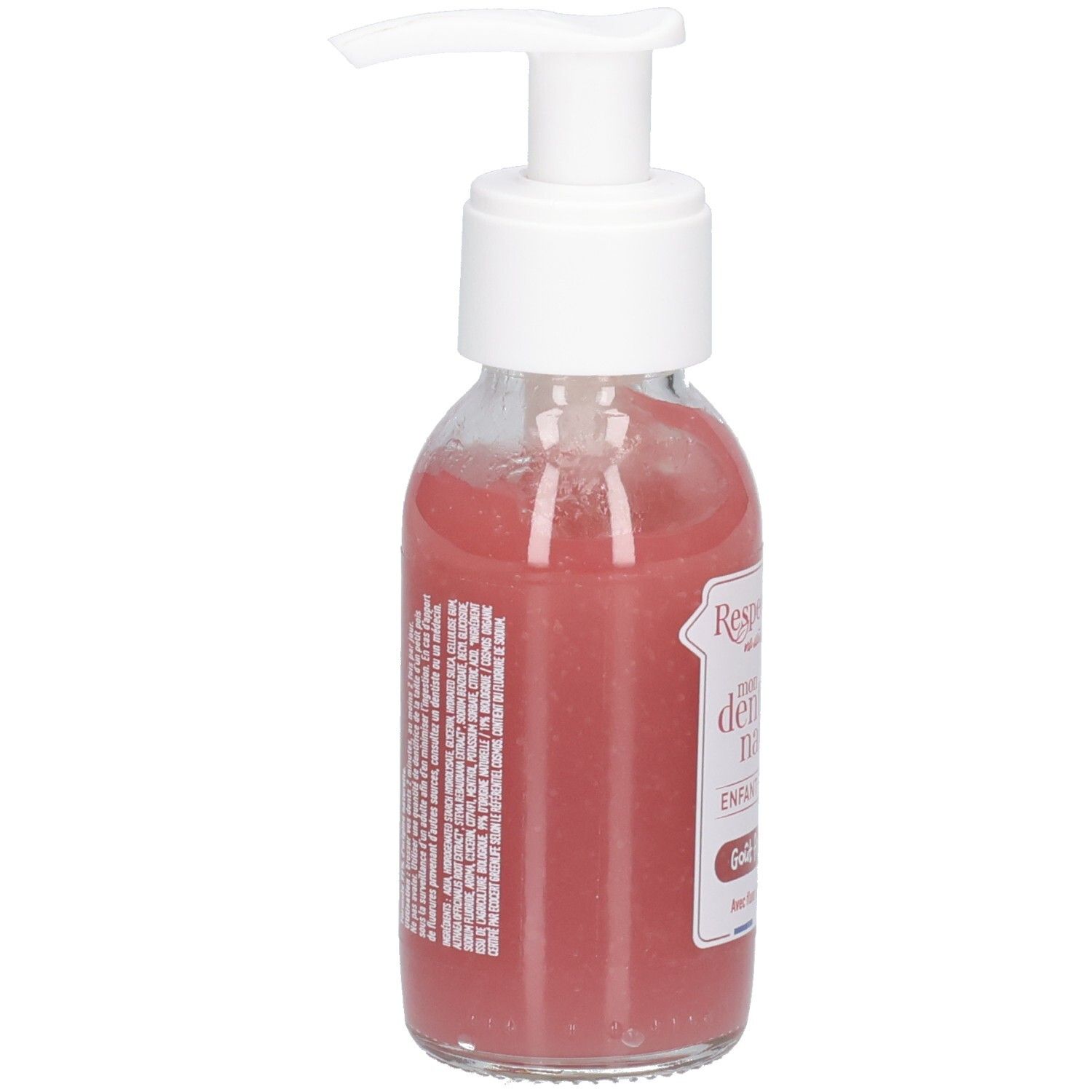 Flacon en verre avec liquide rose et pompe blanche. Texte blanc sur le côté.