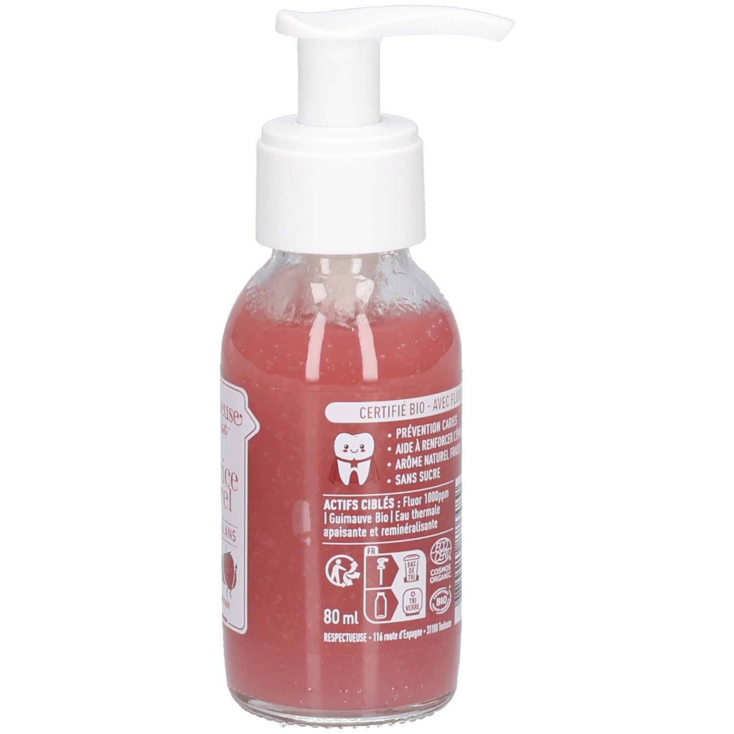 Flacon en verre avec liquide rose et pompe blanche. Inscriptions: "BIO", texte et logos, 80 ml.