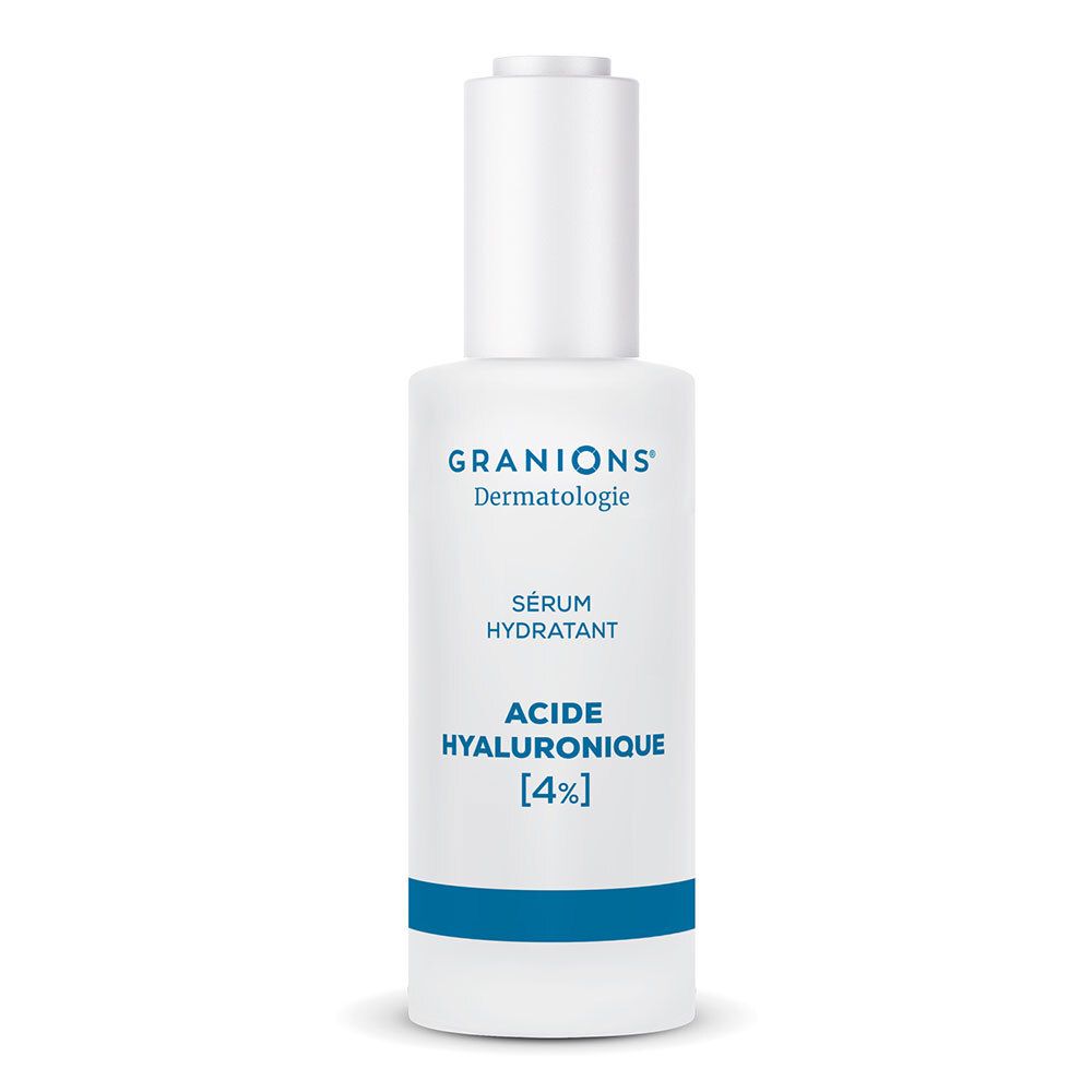 Flacon blanc avec bande bleue. Contient du sérum. Texte: GRANIONS Dermatologie, Sérum Hydratant, ACIDE HYALURONIQUE [4%].