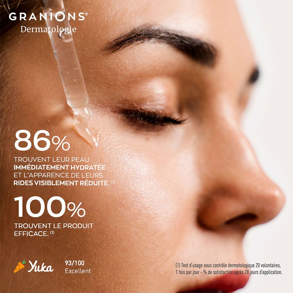 Visage d'une femme avec gouttes de sérum. Texte: 86% trouvent leur peau hydratée. 100% trouvent le produit efficace.
