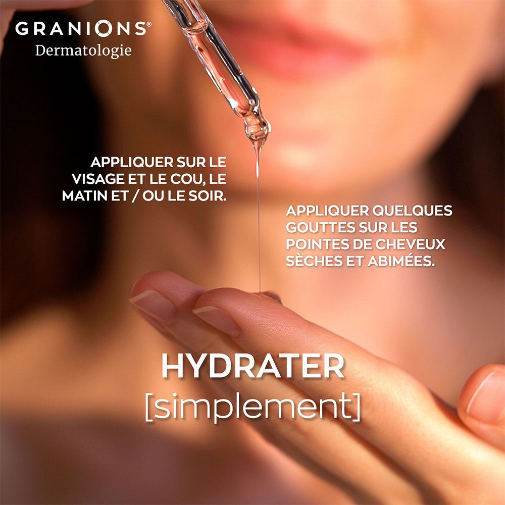 Gouttes de sérum sur les doigts. Texte: Appliquer sur le visage et le cou. Appliquer sur les pointes des cheveux. HYDRATER [simplement].