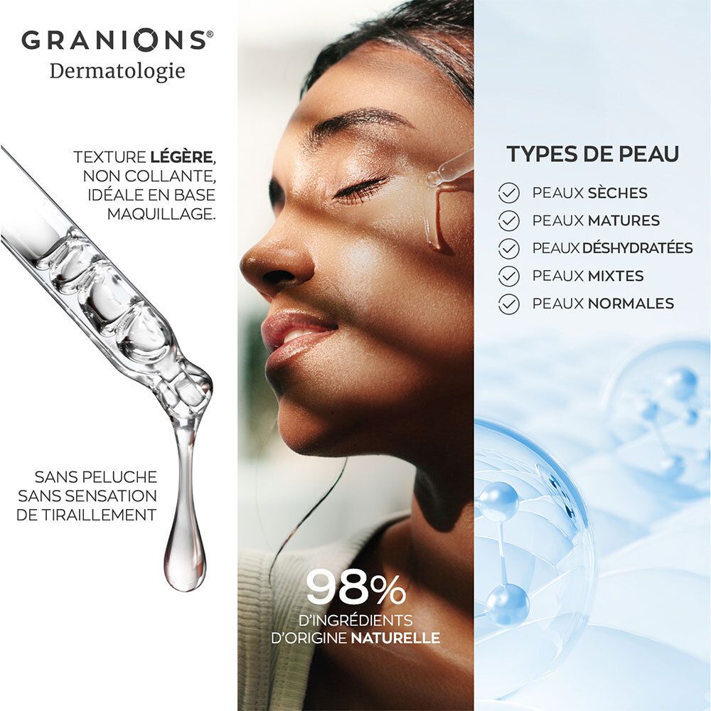 Visage d'une femme avec gouttes de sérum. Texte: Texture légère, non collante. Pour tous types de peau. 98% ingrédients d'origine naturelle.