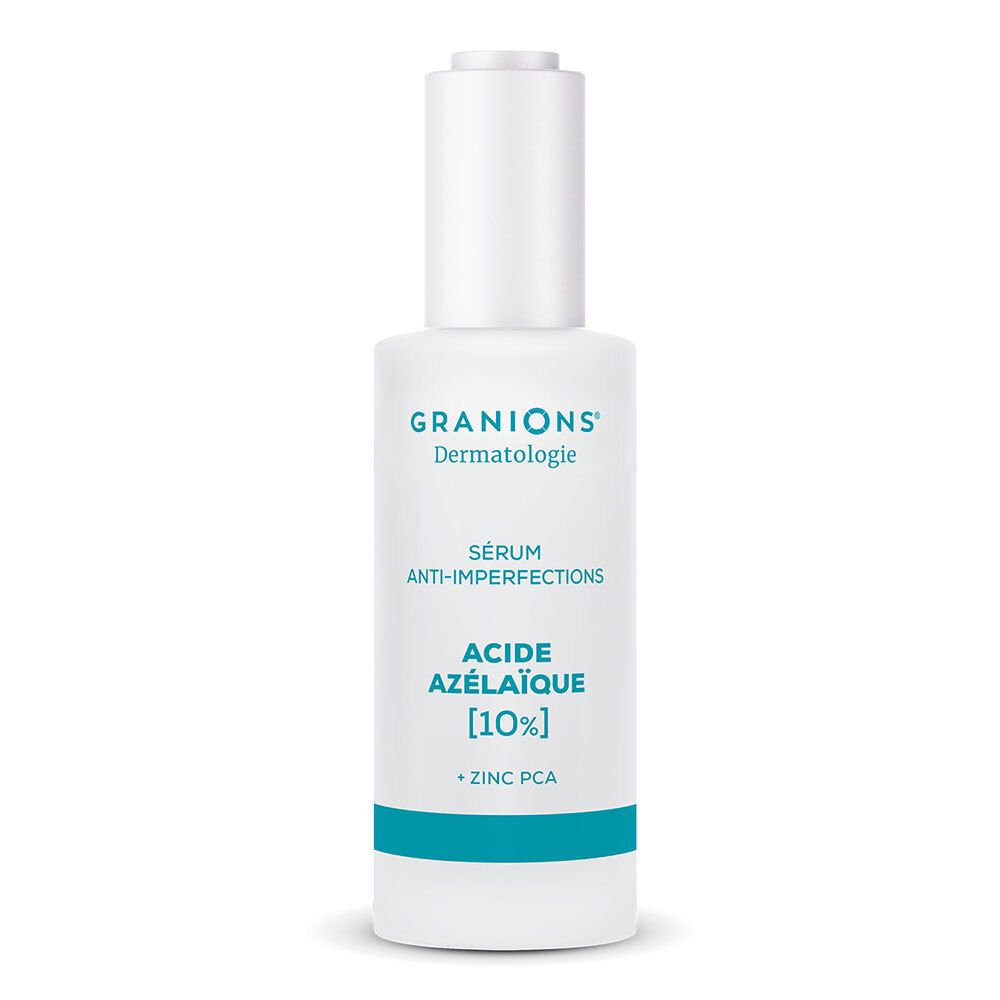 Flacon blanc. Inscription: GRANIONS Dermatologie, Sérum Anti-imperfections, Acide Azélaïque [10%], ZINC PCA.