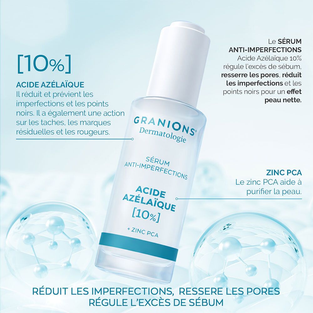 Flacon de sérum entouré de bulles. Texte: Sérum Anti-imperfections, Acide Azélaïque [10%], ZINC PCA.