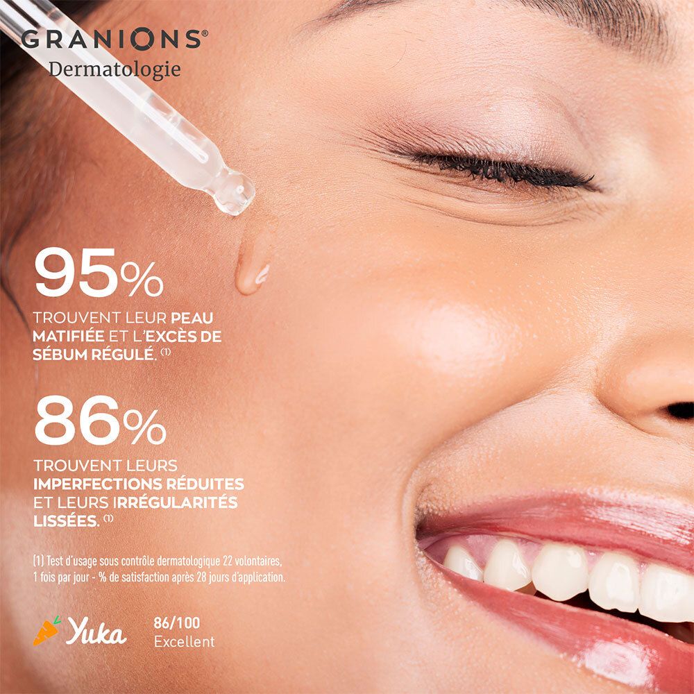 Visage d'une femme avec goutte de sérum. Texte: 95% trouvent leur peau matifiée, 86% trouvent leurs imperfections réduites.