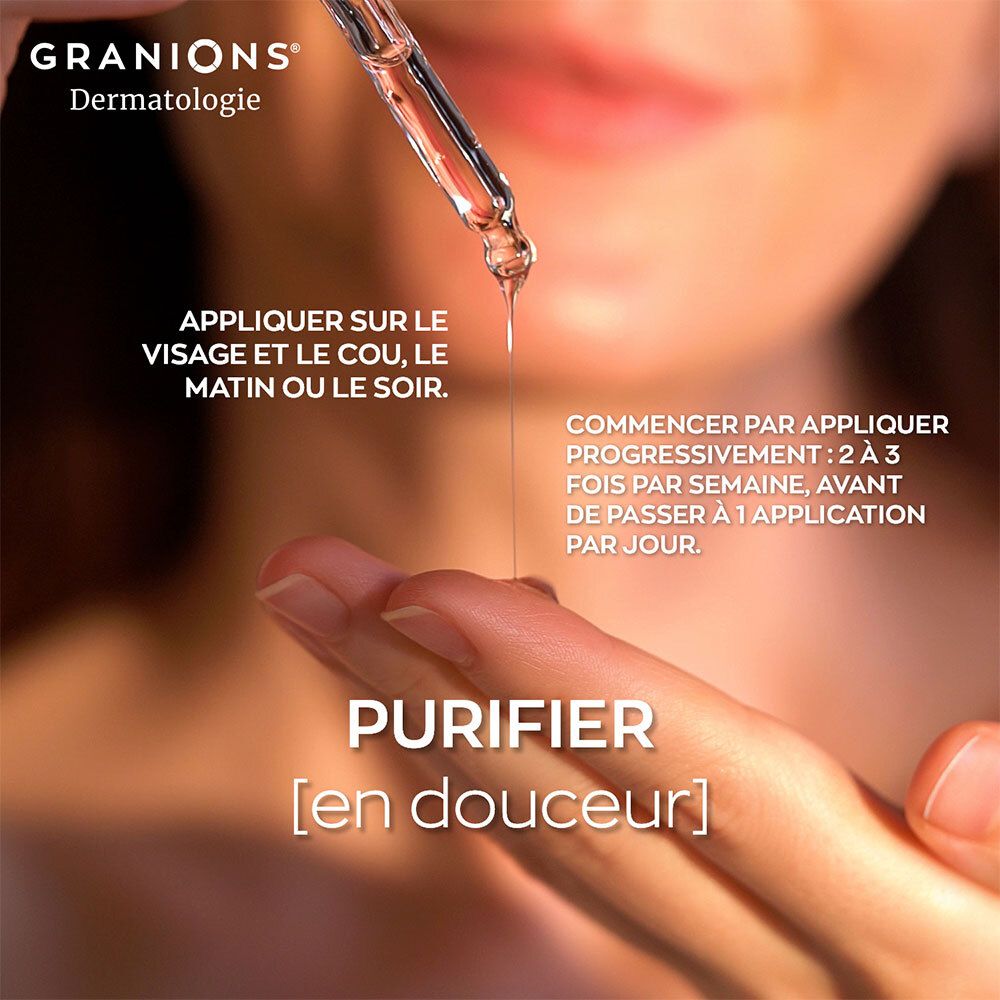 Goutte de sérum sur un doigt. Texte: Appliquer sur le visage et le cou, le matin ou le soir. Purifier.