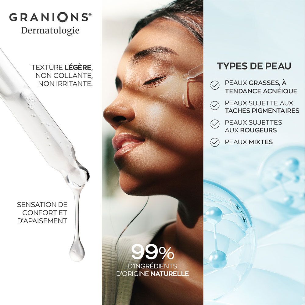 Visage avec goutte de sérum. Texte: Texture légère, non collante, non irritante. 99% d'ingrédients d'origine naturelle.