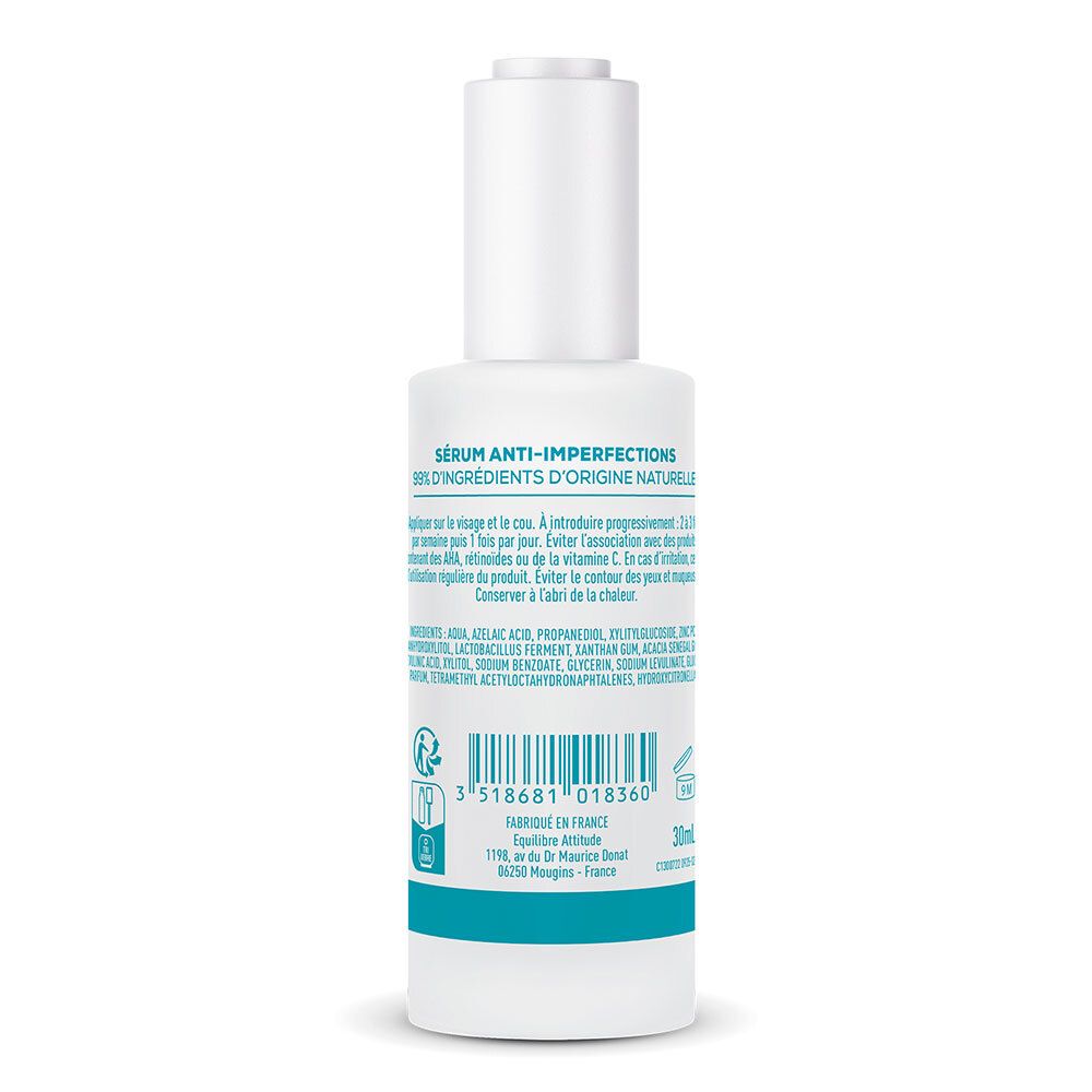 Dos du flacon. Texte: Sérum Anti-imperfections, ingrédients, 50ml, fabriqué en France.