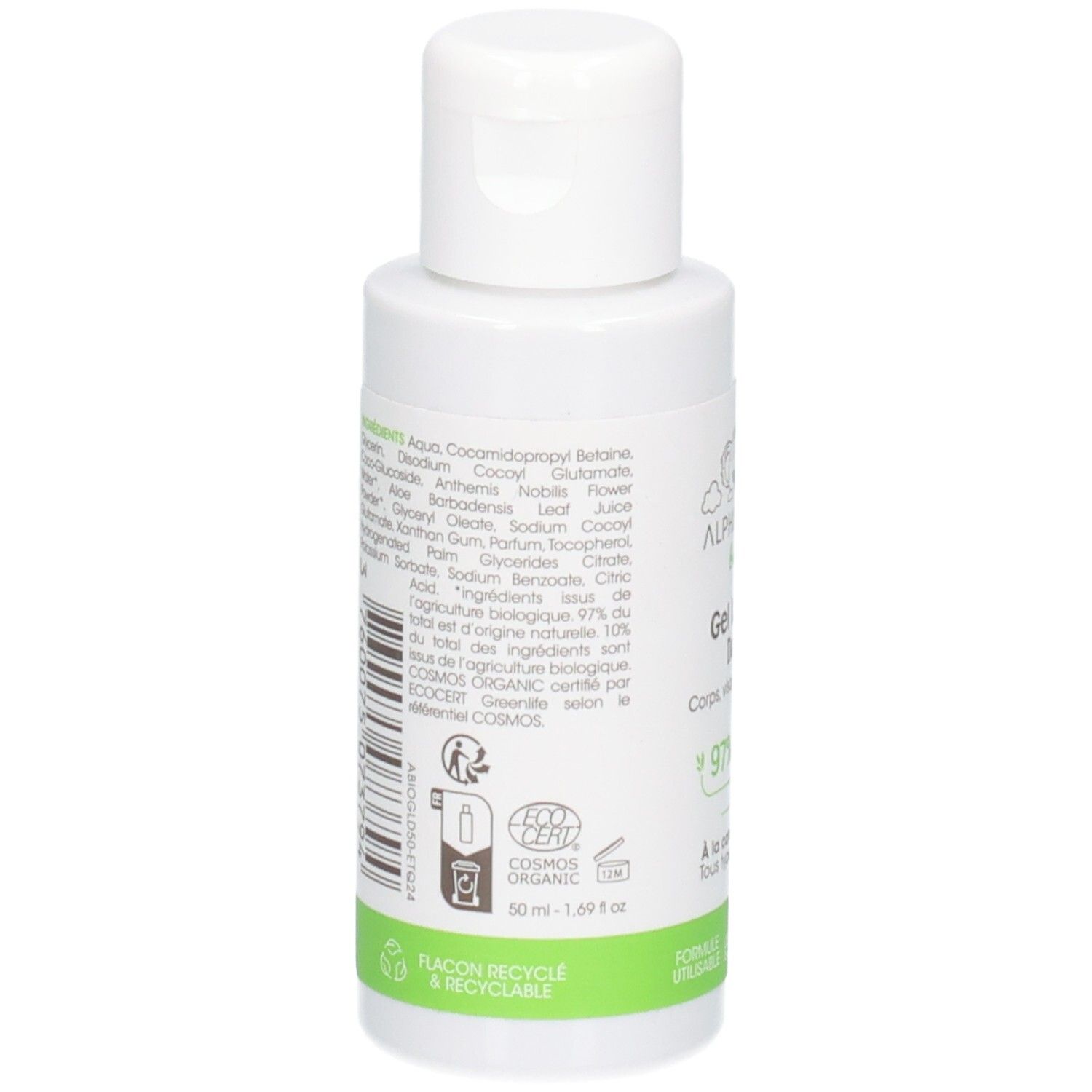 ALPHANOVA BB Gel Lavant Doux verso: Liste des ingrédients et label ECO-CERT. 50 ml.