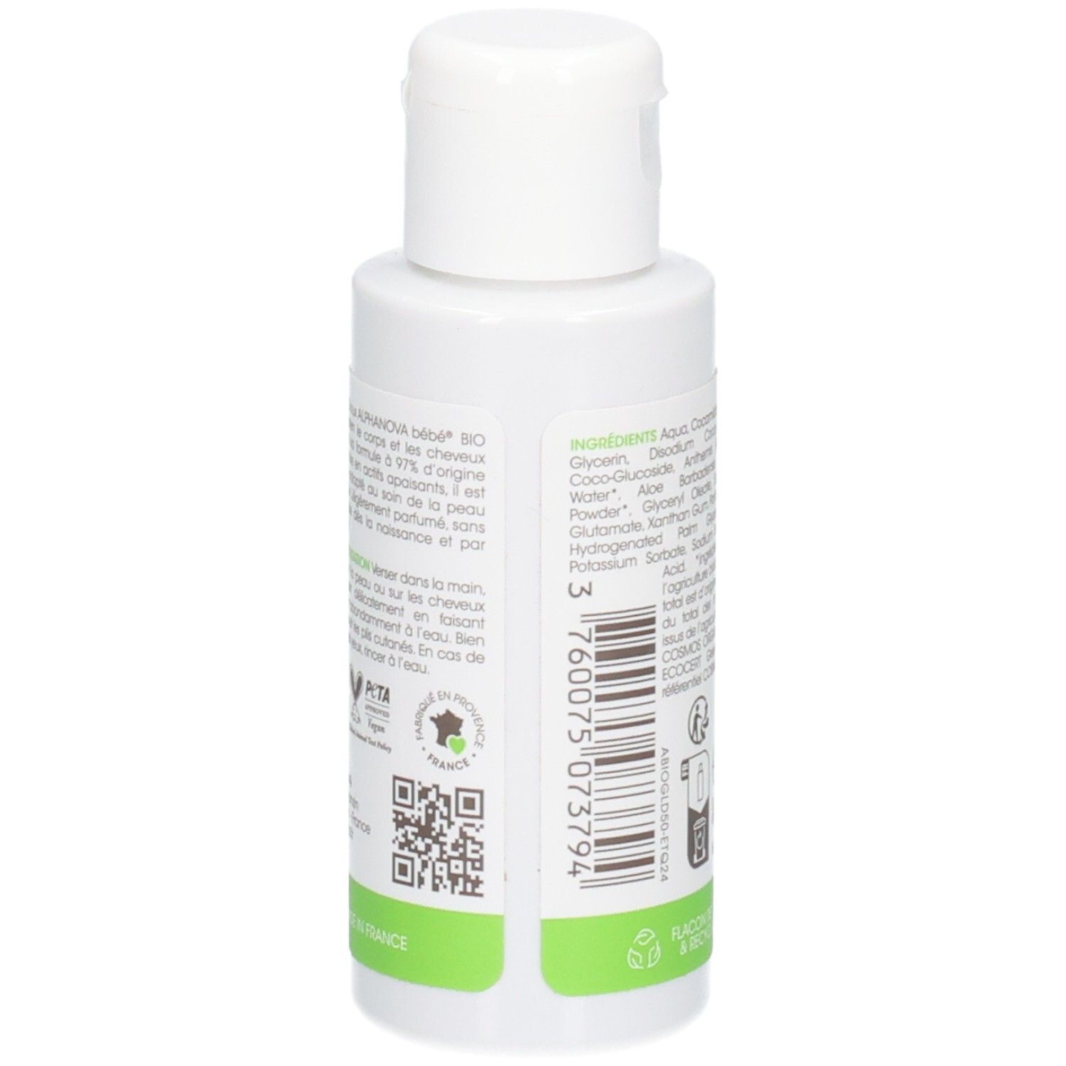 ALPHANOVA BB Gel Lavant Doux verso: Label PETA et QR code. Fabriqué en France.