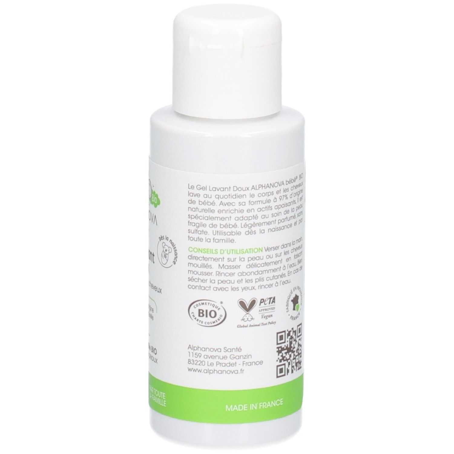ALPHANOVA BB Gel Lavant Doux verso: Conseils d'utilisation et label BIO. Fabriqué en France.