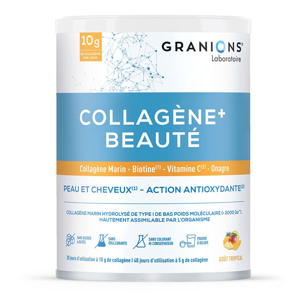 Boîte GRANIONS COLLAGÈNE+ BEAUTÉ. Contient collagène, biotine, vitamine C. Goût tropical. Pour peau et cheveux. Action antioxydante.