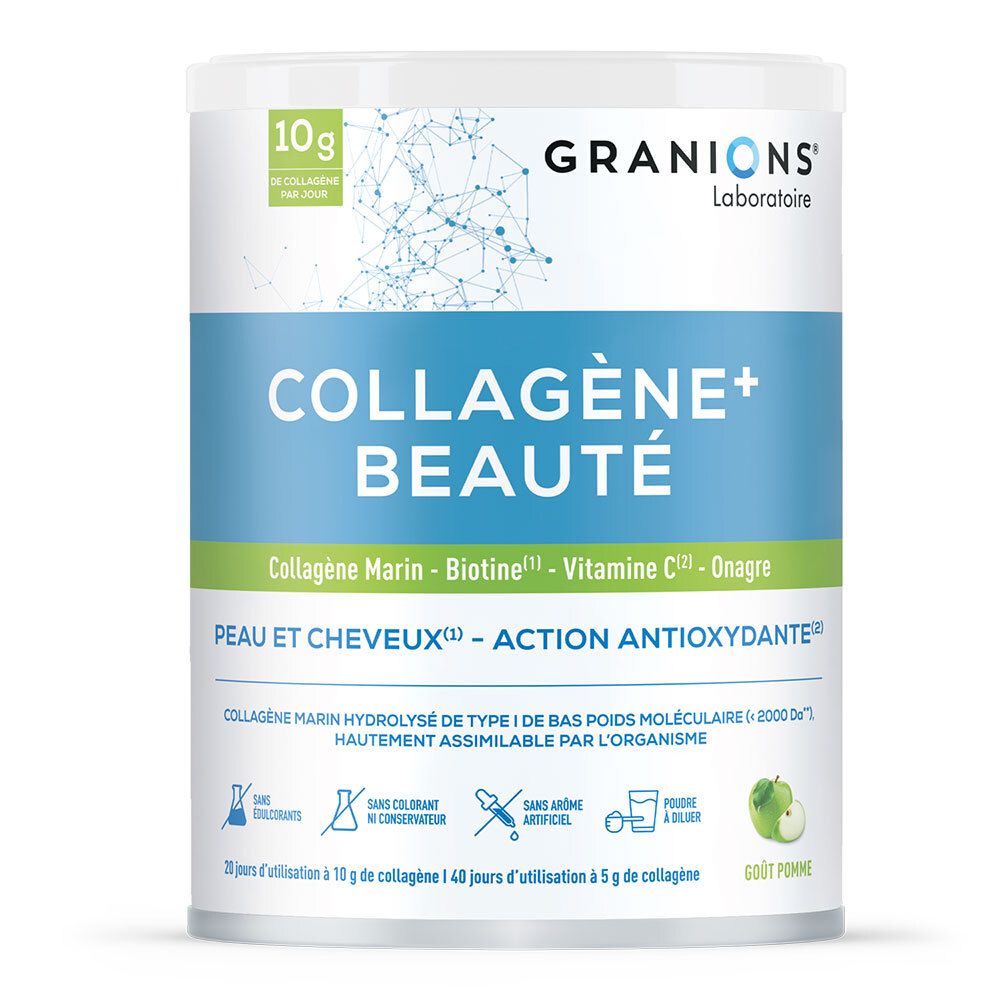 Boîte GRANIONS COLLAGENE+ BEAUTE, bleu et blanc. Contient collagène, biotine, vitamine C. Pour peau et cheveux. Goût pomme.