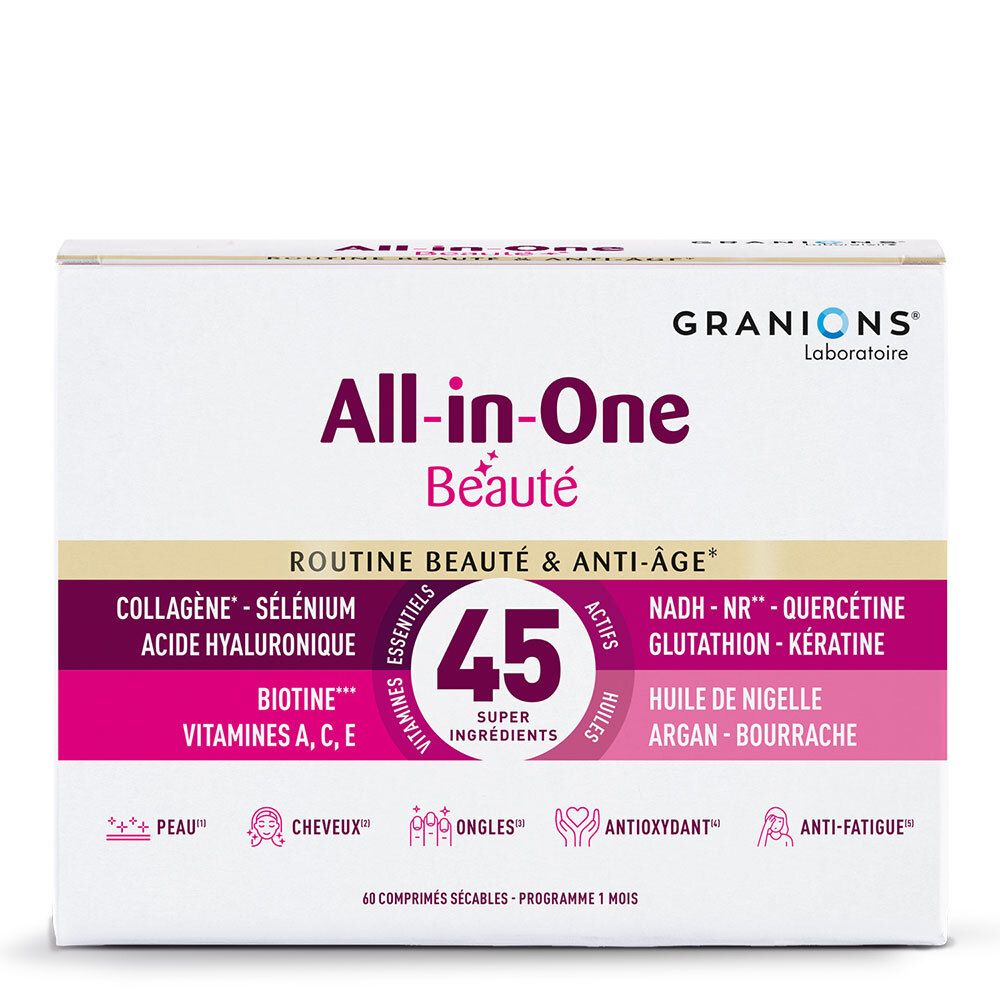 Boîte "All-in-One Beauté". Contient 45 ingrédients. Marque GRANIONS. Pour peau, cheveux, ongles. Routine beauté et anti-âge.