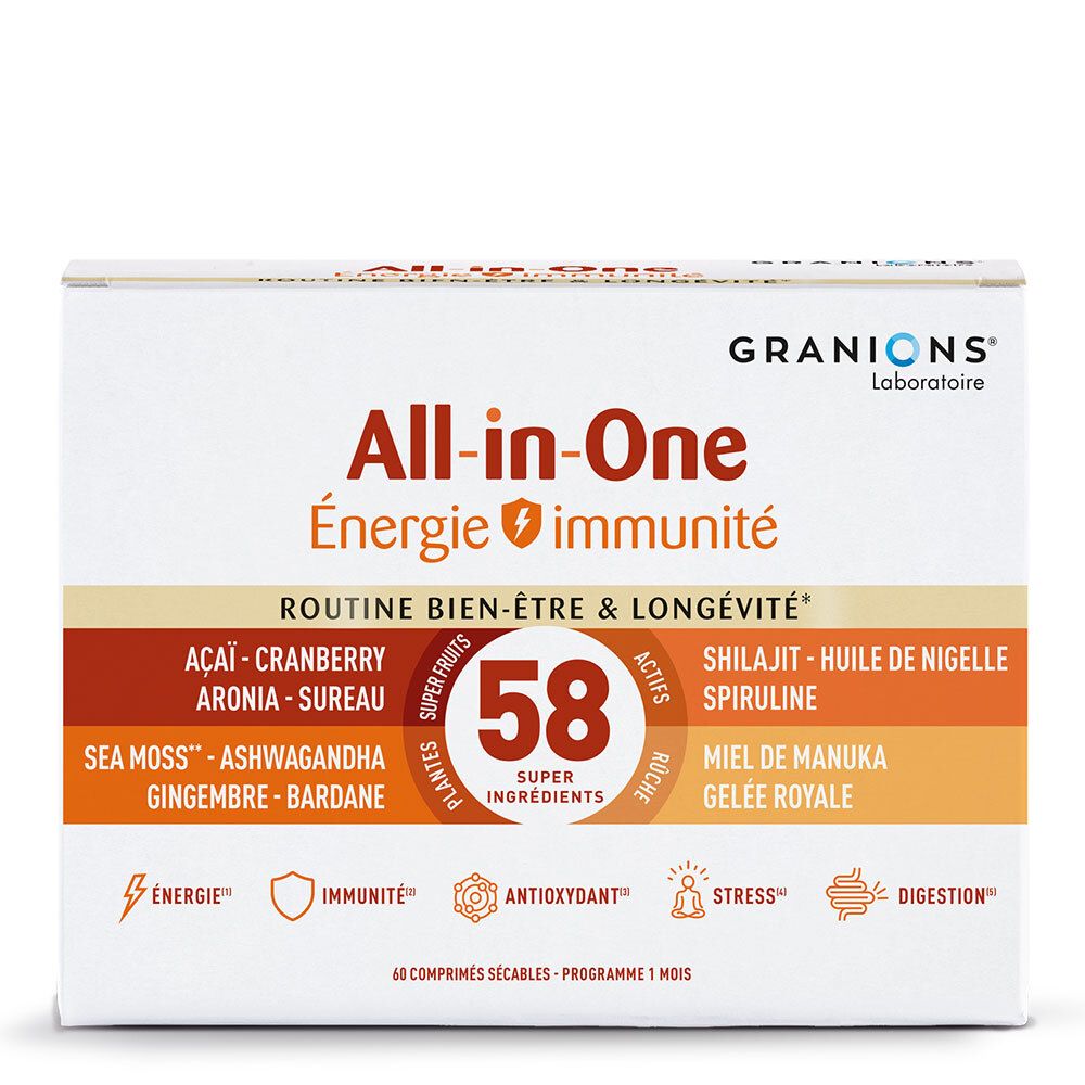 Boîte "All-in-One Energie immunité". Contient 58 ingrédients. Marque: GRANIONS.