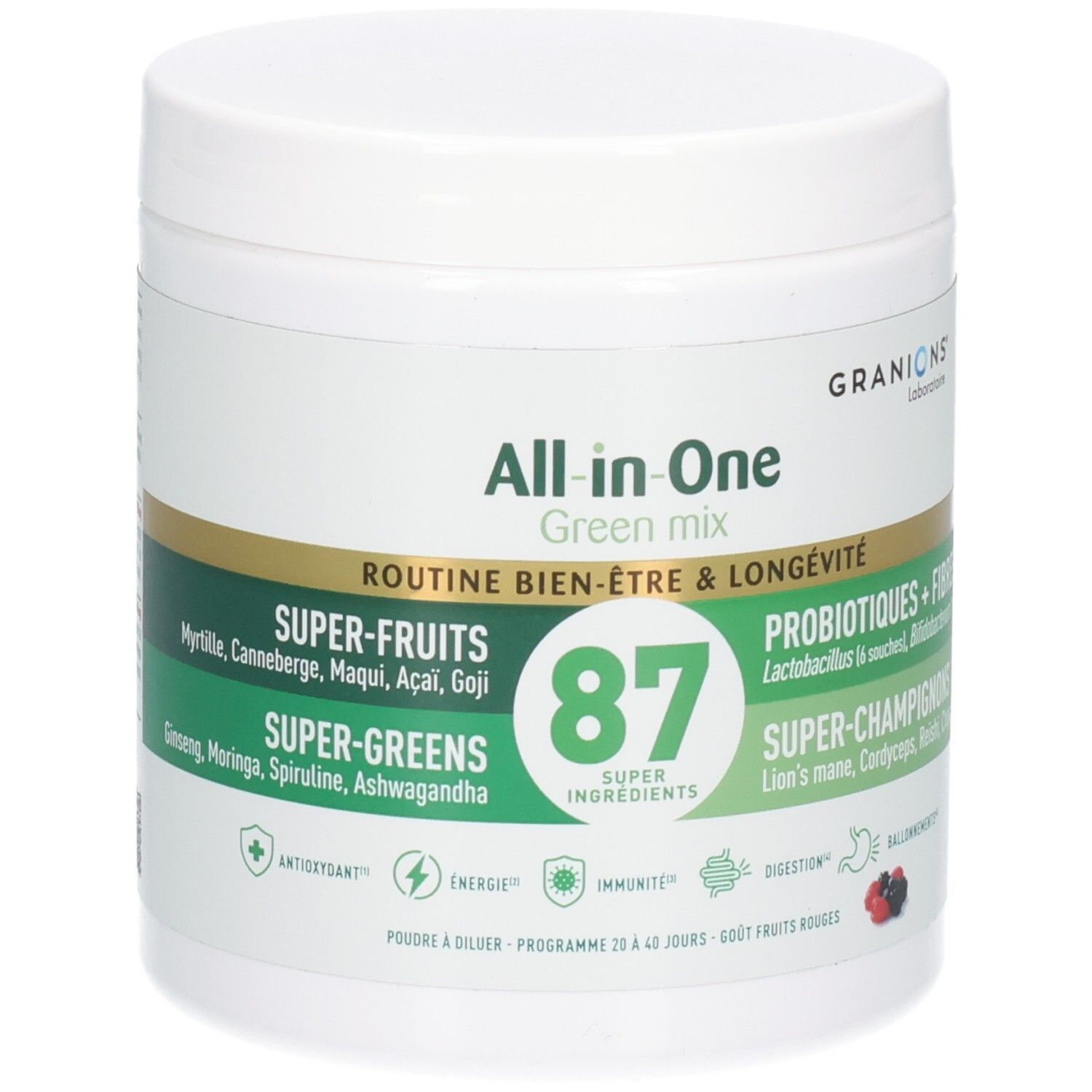 Pot de poudre Granions All-in-One Green Mix avec 87 super-ingrédients, super-fruits et super-greens.