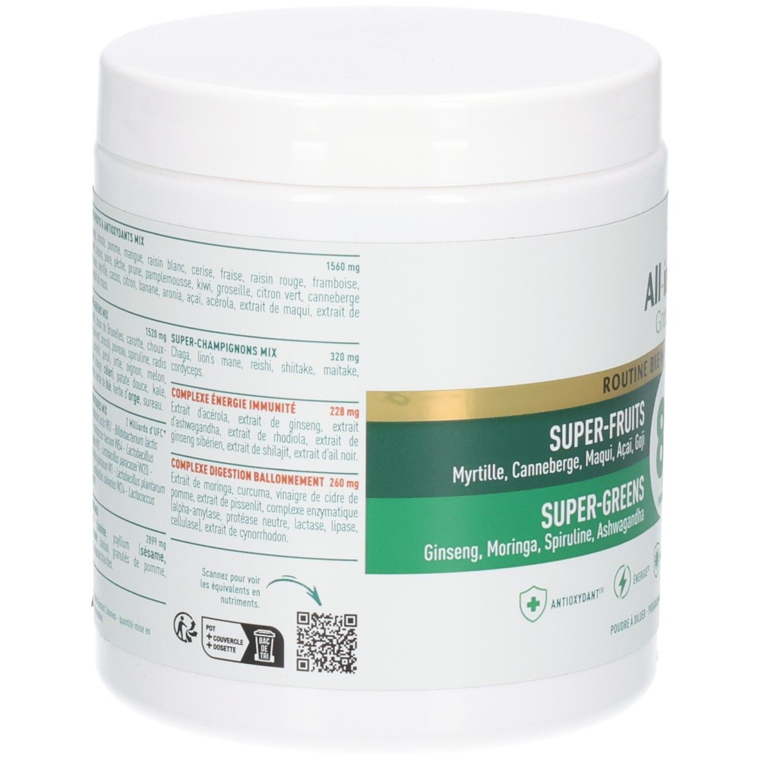 Arrière d'un pot de poudre Granions All-in-One Green Mix avec liste d'ingrédients et informations nutritionnelles.