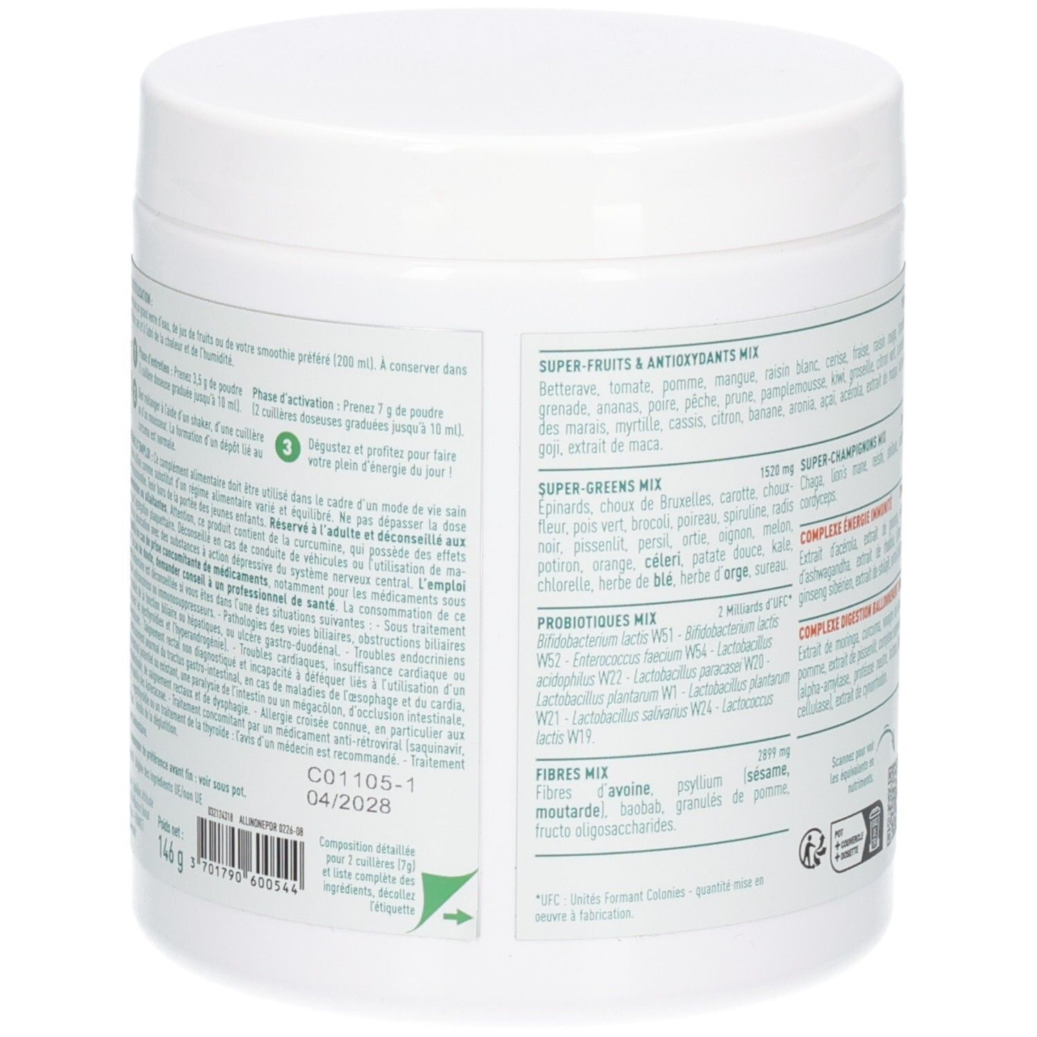 Arrière d'un pot de poudre Granions All-in-One Green Mix avec instructions d'utilisation et numéro de lot.