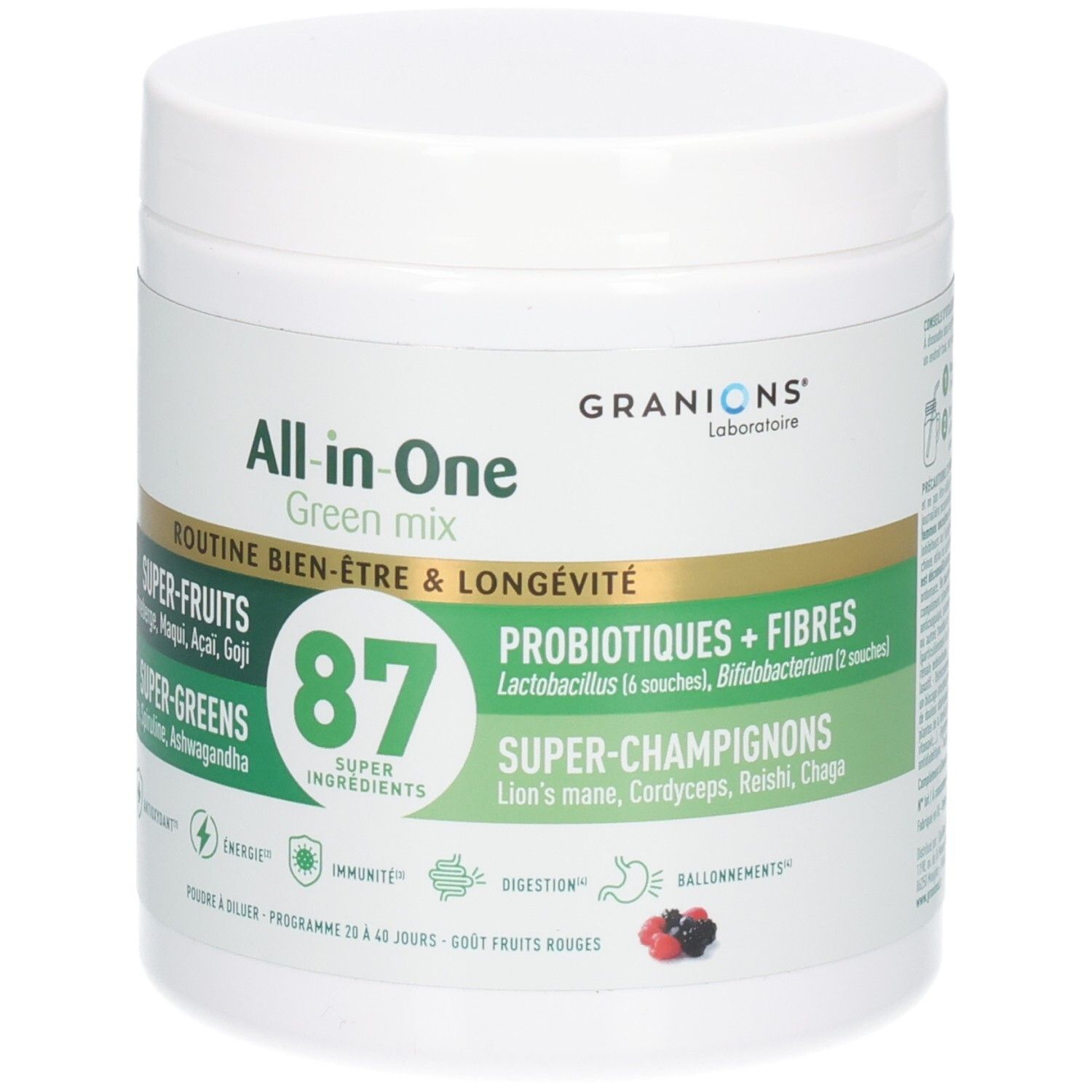 Pot de poudre Granions All-in-One Green Mix avec 87 super-ingrédients, super-fruits et super-greens.