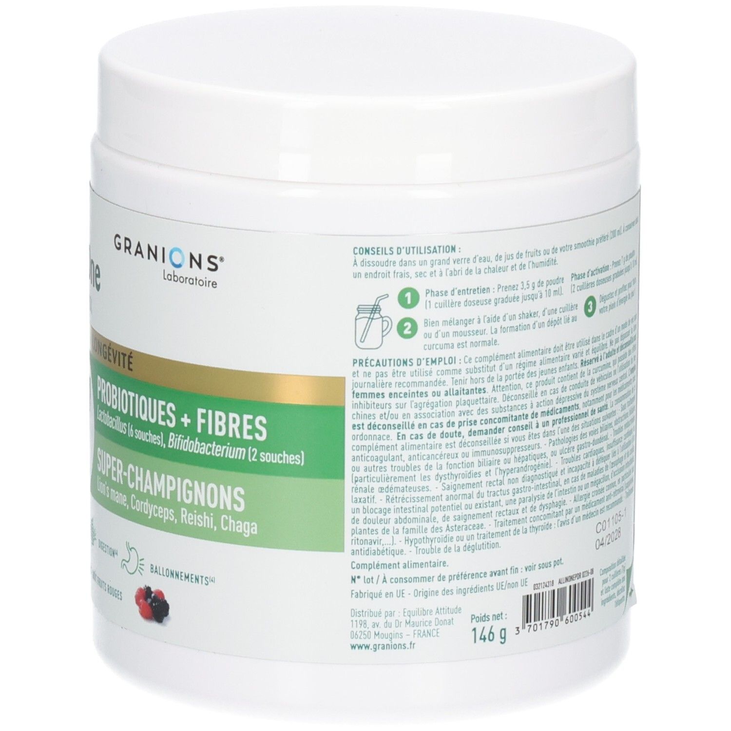 Arrière d'un pot de poudre Granions All-in-One Green Mix avec instructions d'utilisation et code QR.