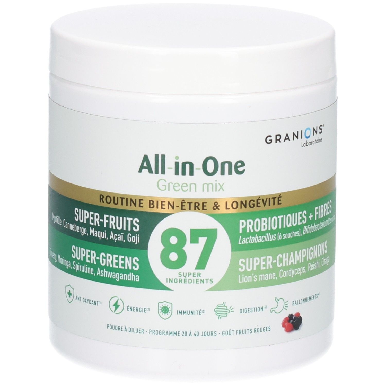 Pot de poudre Granions All-in-One Green Mix avec 87 super-ingrédients, super-fruits et super-greens.