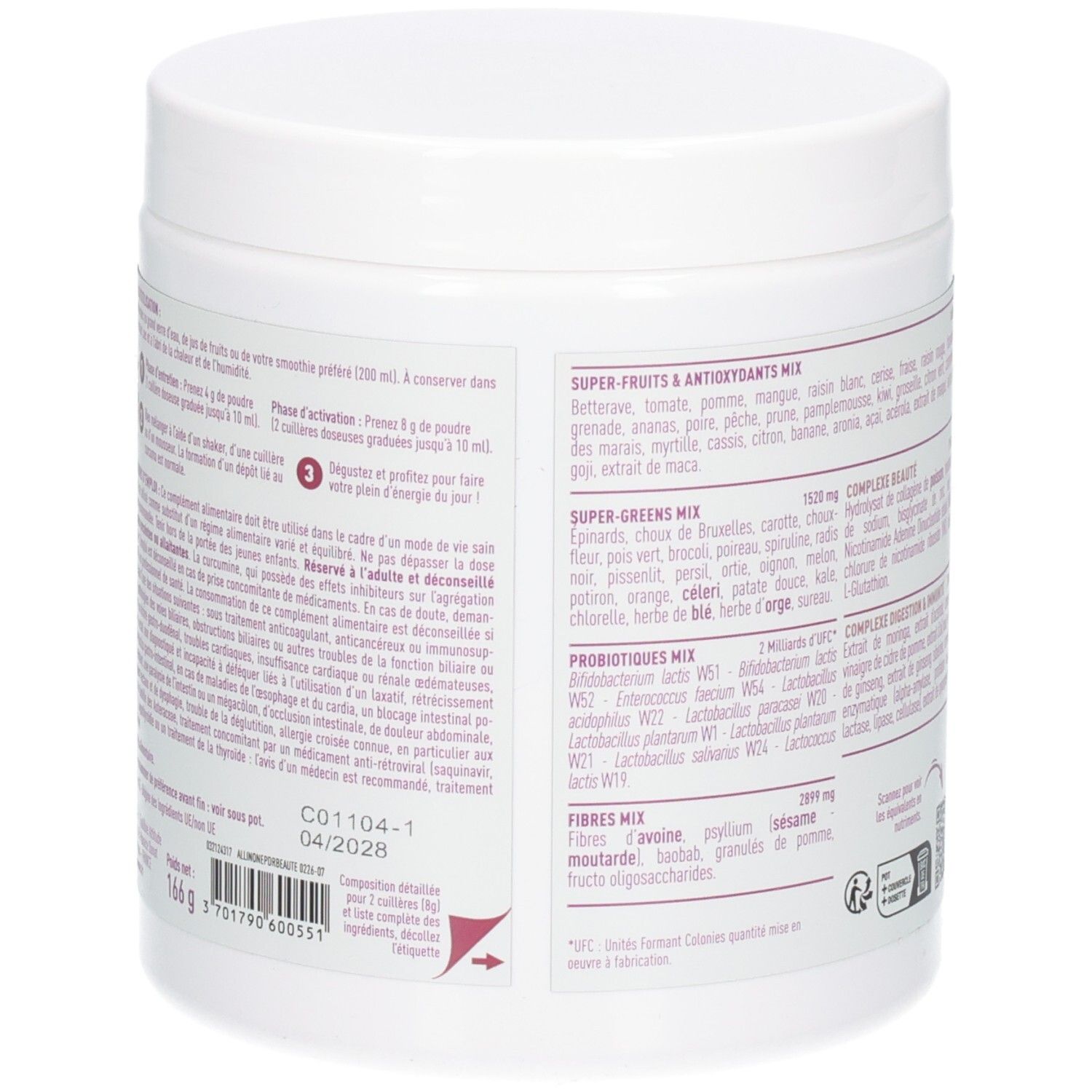 Arrière du pot Granions All-in-One Green Mix, instructions d'utilisation et QR code.
