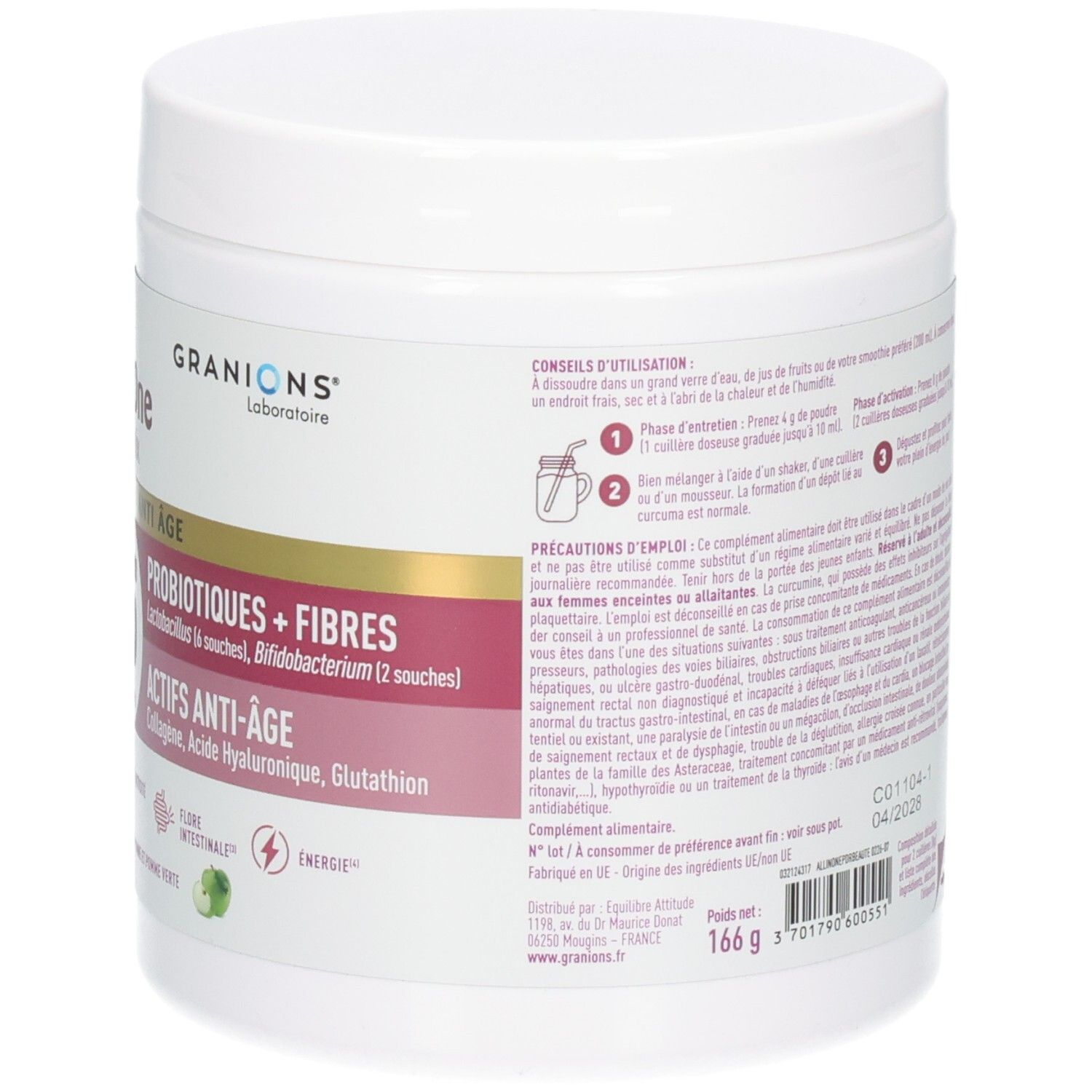 Arrière du pot Granions All-in-One Green Mix, instructions d'utilisation et informations produit.